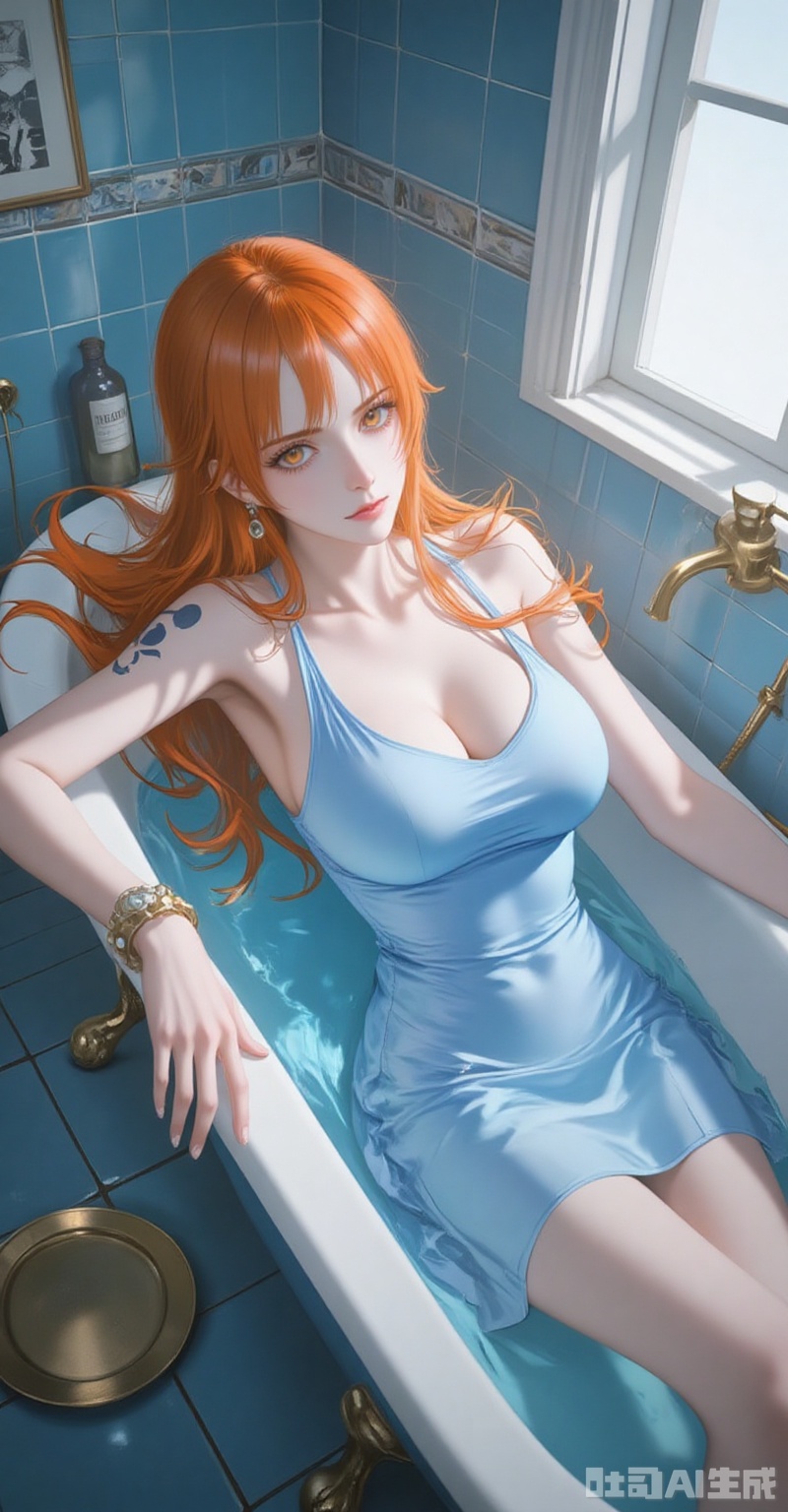 1girl, nami \(one piece\), bathtub, solo, long hair, orange hair, orange eyes, dress, breasts, tiles, bracelet, tattoo, blue dress, looking at viewer, jewelry, bathroom, closed mouth, tile floor, plate, short dress, partially submerged, large breasts, tile wall, sleeveless dress, water, indoors, from above, sleeveless, covered navel, bath, bare shoulders, claw foot bathtub, shoulder tattoo,
cover,simple background,gradient background,close-up details,outstanding style,adding a touch of dimension to your images without compromising details,close-up,lvjing