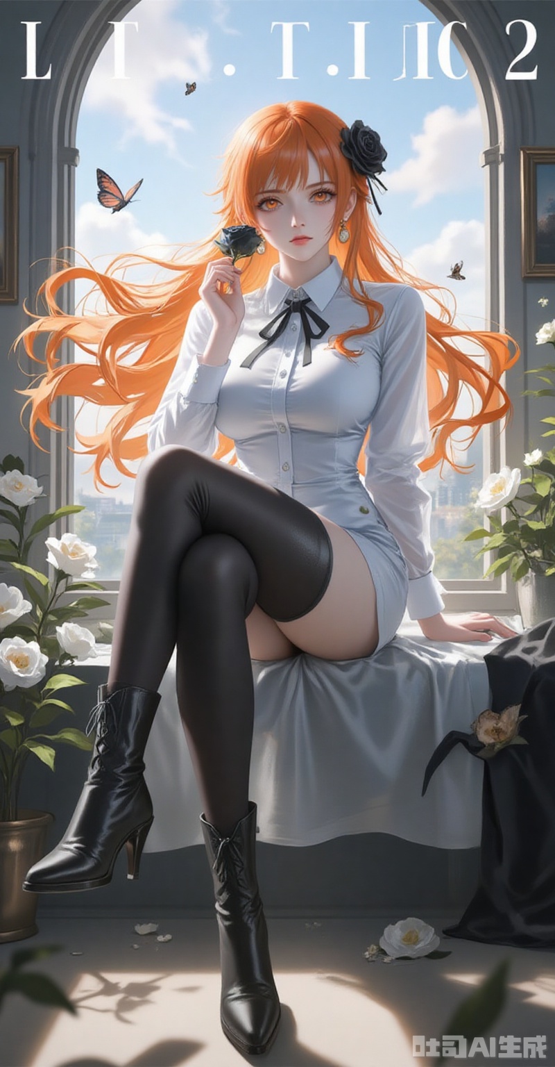 1girl, flower, orange hair, thighhighs, long hair, sitting, high heels, solo, holding flower, shirt, window, jewelry, orange eyes, holding, hair ornament, white shirt, black footwear, hair flower, indoors, black thighhighs, picture frame, black flower, rose, earrings, boots, long sleeves, floating hair, high heel boots, black rose, black ribbon, full body, looking at viewer, ribbon, nami \(one piece\), crossed legs, collared shirt, white flower, butterfly, breasts, day, bug, closed mouth, sunlight, neck ribbon, open window, sky,
cover,simple background,gradient background,close-up details,outstanding style,adding a touch of dimension to your images without compromising details,close-up,lvjing