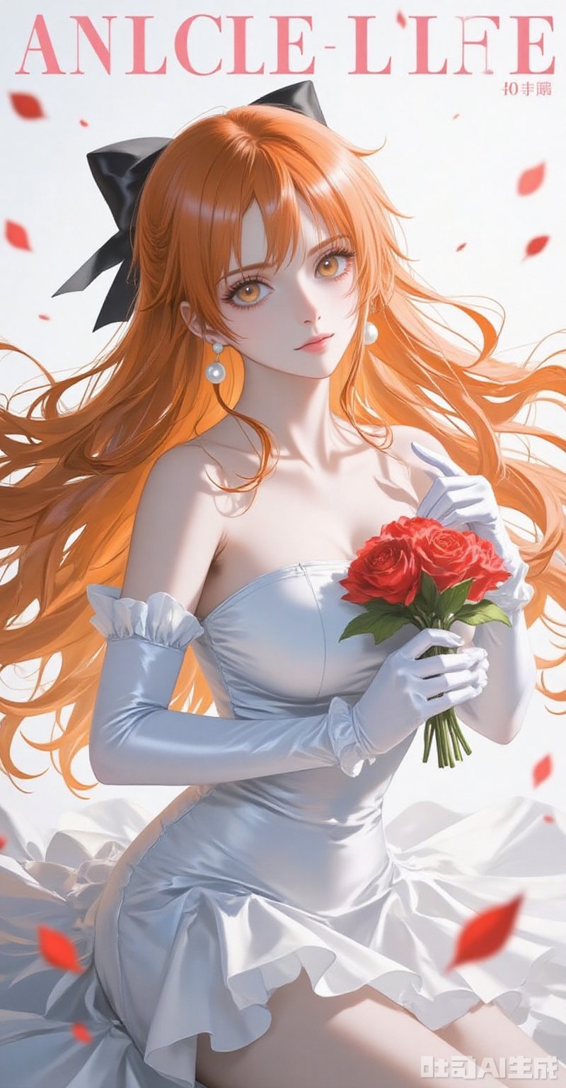 elbow_gloves,frilled_skirt,holding_bouquet,highres,cherry_blossoms,strapless_dress,white_gloves,looking_at_viewer,red_flower,solo,collarbone,own_hands_together,:d,white_background,backlighting,black_bow,bare_shoulders,frilled_dress,hair_bow,wedding_dress,commentary_request,1girl,petals,simple_background,blush,cowboy_shot,
cover,simple background,gradient background,close-up details,outstanding style,adding a touch of dimension to your images without compromising details,close-up,lvjing,
nami \(one piece\), orange hair,orange eyes,fair_skin,jewelry,pearl_earrings,long hair,wavy hair,very long hair,