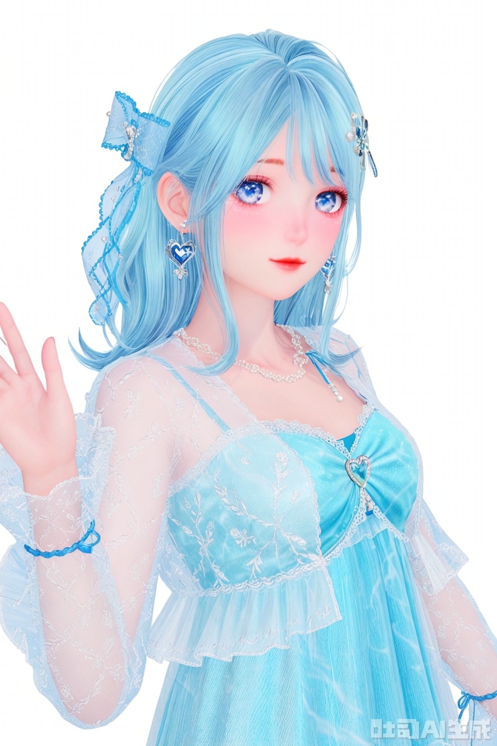 1girl,solo,long hair,breasts,looking at viewer,bangs,blue eyes,simple background,hair ornament,white background,dress,bow,ribbon,jewelry,closed mouth,blue hair,heart,earrings,medium hair,necklace,see-through,makeup,blue dress,see-through sleeves