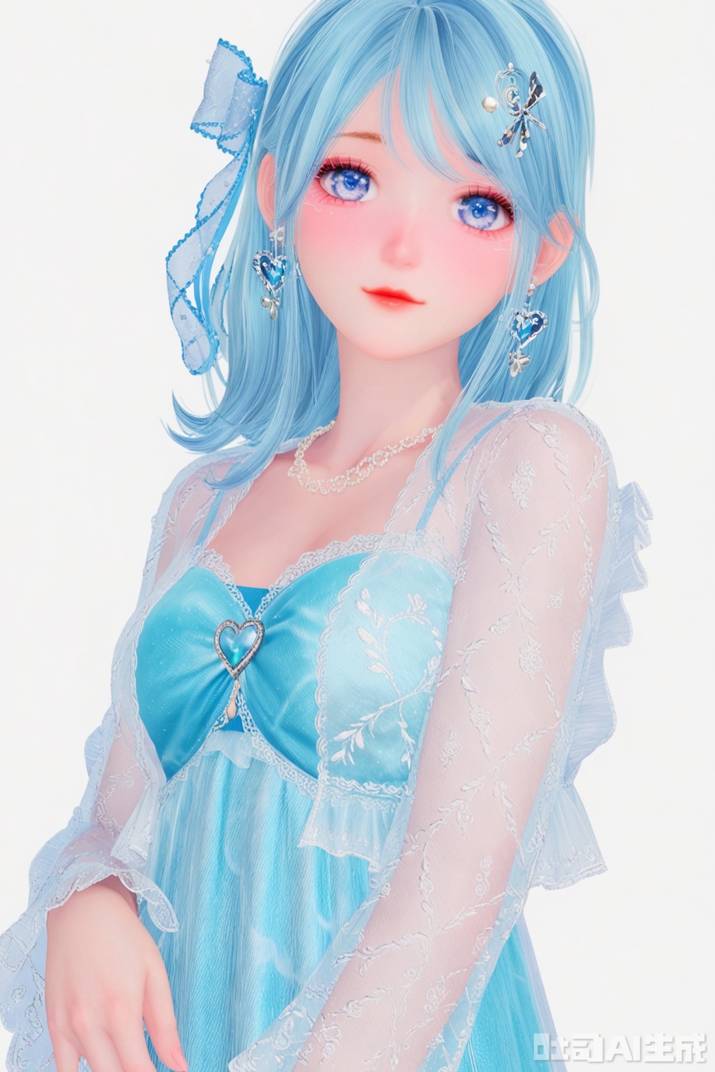 1girl,solo,long hair,breasts,looking at viewer,bangs,blue eyes,simple background,hair ornament,white background,dress,bow,ribbon,jewelry,closed mouth,blue hair,heart,earrings,medium hair,necklace,see-through,makeup,blue dress,see-through sleeves