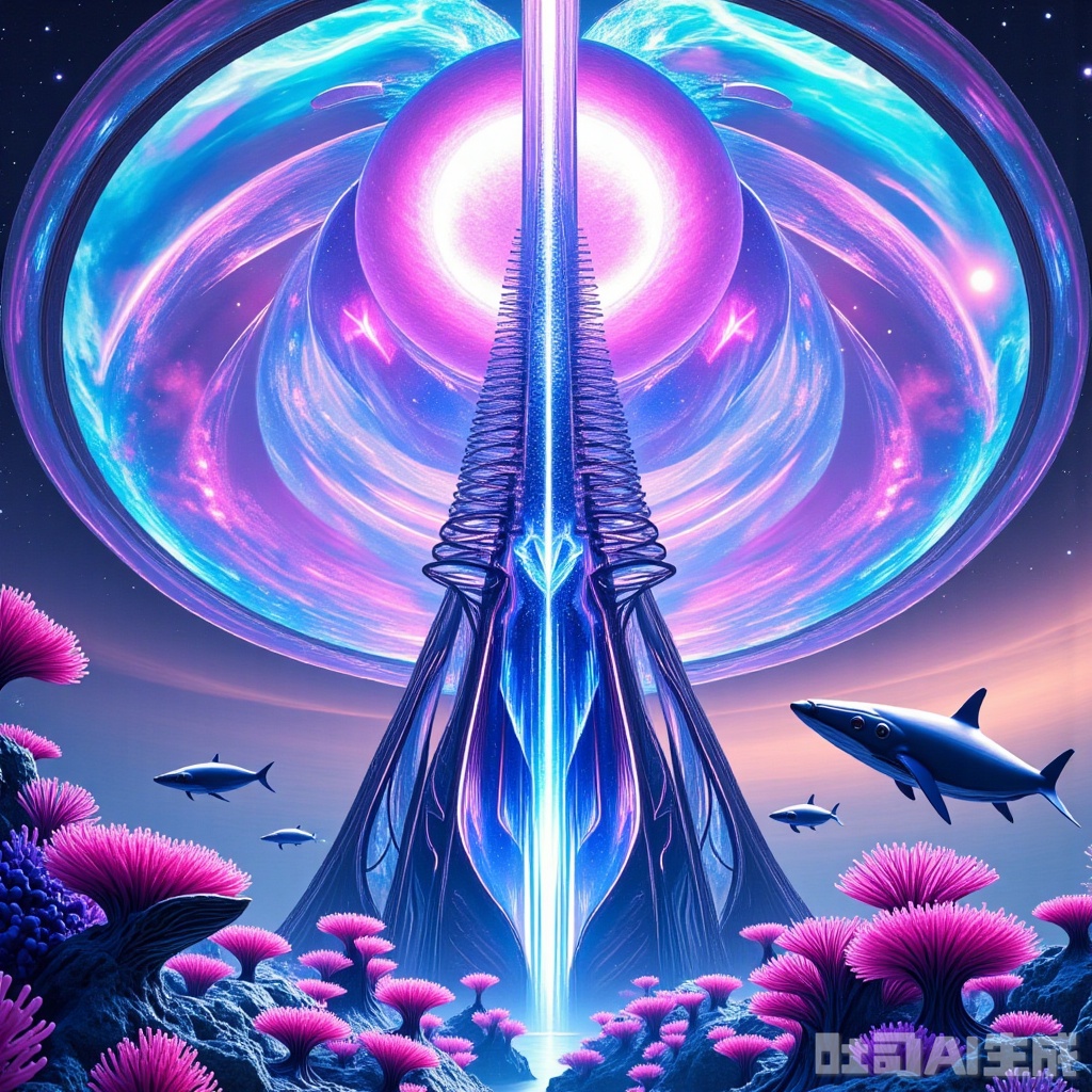The inverted pyramid base suspended in the eye of the gas giant planet, is composed of billions of biological lattices. The surface of the building is flowing with fluorescent circuits intertwined with liquid metal and nerve veins. The pulsar energy core of the tower spiral erupts an iridescent particle storm every three hours, dyeing the cloud of ammonia ice into a vortex of molten gold and cobalt purple.
The base is stretched out a network of fleshy pipes, with domesticated silicon-based giant whales at the ends – they carve crystal farms with sonar frequency and plant glowing nerve roses.
The aerial corridor is constructed by solidified gravitational waves. When the semi-mechanical wing man patrols, the scale powder sprinkled from his wings burns into ashes of love poems in the vacuum.
In the core control room, suspended quantum jellyfish are converting the gravity of the star into a holographic star map, projecting onto a curtain woven by dark matter, while under the floor, the ancient Leviathan's sleeping pulse vibration came.,Creativity,Underwater city