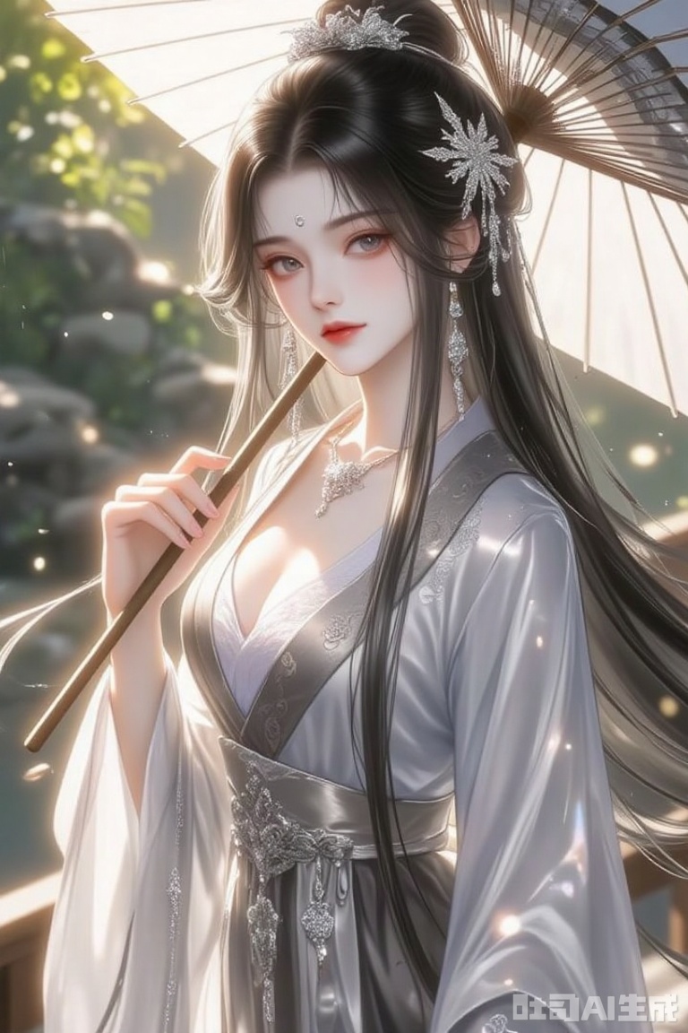 This is a highly detailed digital illustration of an ethereal East Asian woman with long, black hair adorned with silver snowflake hairpins. She has pale skin, red lips, and delicate, almond-shaped pink eyes. She wears a silver, semi-transparent kimono with intricate patterns and a low-cut neckline, revealing a hint of cleavage. Her right hand holds a traditional Japanese umbrella, while her left hand rests near her chest. She wears elegant silver earrings and a matching necklace. The background is a softly focused, sunlit garden with greenery and scattered light particles, creating a dreamy, serene atmosphere. The overall style is realistic with a touch of fantasy, emphasizing her beauty and grace.