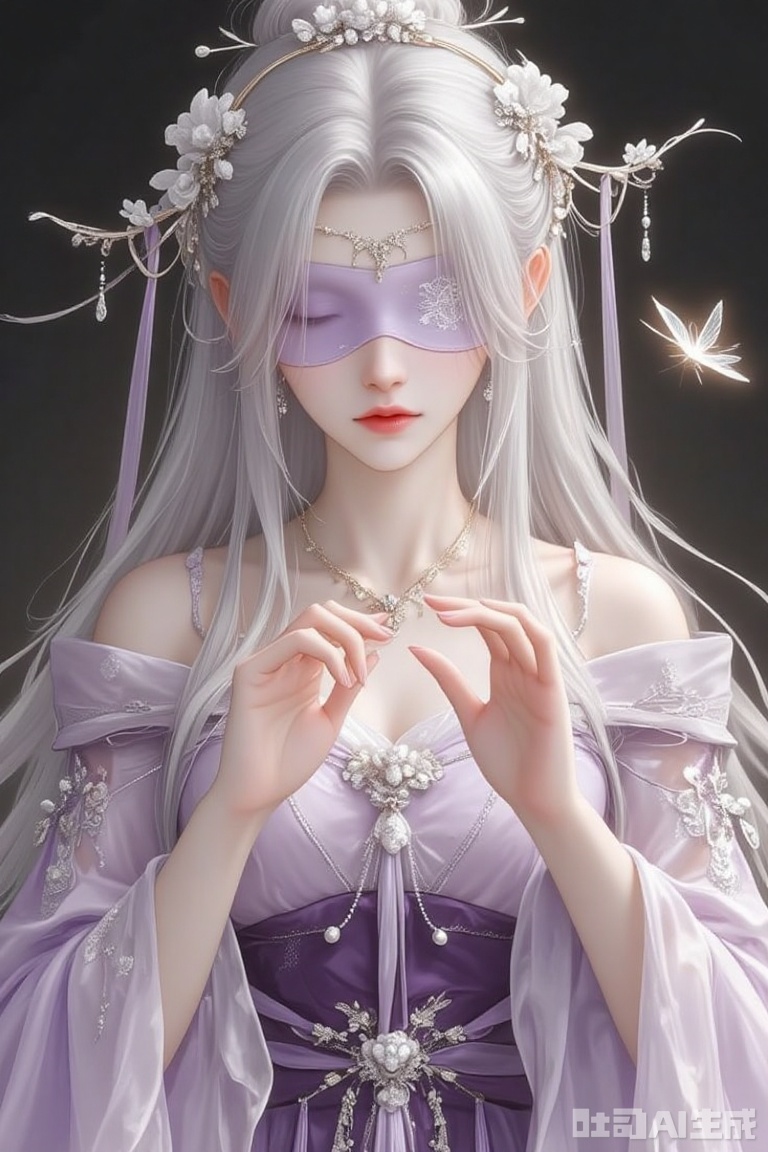 This is a digital painting in a fantasy style, depicting a fair-skinned, ethereal woman with long, flowing white hair adorned with delicate white flowers and ribbons. She wears a translucent, lavender blindfold with lace patterns, covering her eyes, and an off-the-shoulder, lavender gown embellished with floral embroidery and lace. Her lips are a soft pink, and she has a serene, almost melancholic expression. She is holding a ring delicately with her right hand near her face, while her left hand rests gently on her chest. A small, glowing butterfly hovers near her head. The background is a dark, gradient black, highlighting her luminous presence. The overall texture is soft and delicate, with a dreamlike, almost otherworldly atmosphere.
