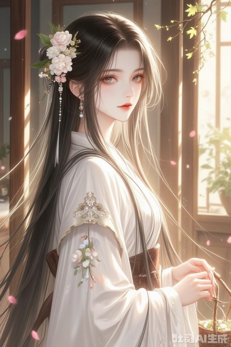 This is a digital artwork depicting a beautiful young woman with long, flowing black hair adorned with white and pink flowers. She has fair skin and delicate features, with pink lips slightly parted. She wears a white kimono with intricate floral embroidery on the sleeves and a dark brown obi belt. Her eyes are a soft pinkish-gray, gazing gently to the side. She holds a small, leafy branch in her right hand. The background features a sunlit room with wooden beams and soft, dappled light filtering through. Pink petals float in the air, adding a sense of gentle motion. The overall style is delicate and ethereal, with a focus on soft light and gentle textures.