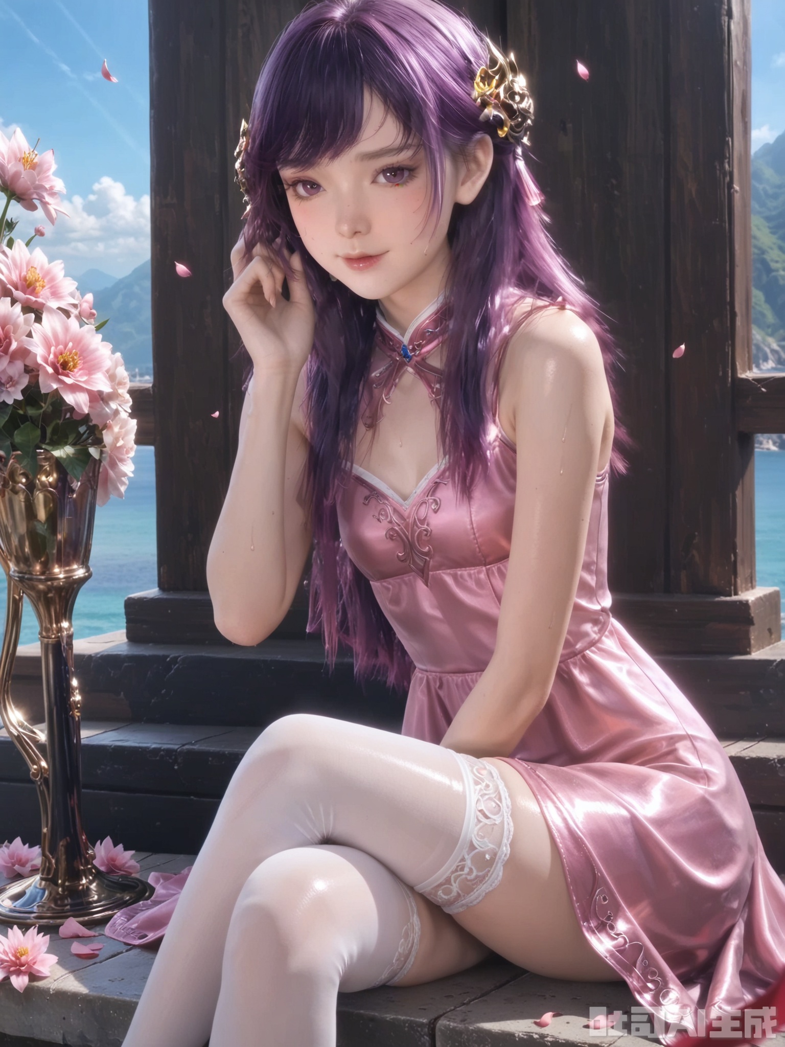 score_9,score_8_up,score_7_up,realistic,photorealistic,1girl,looking_at_viewer,realistic,dynamic poses,1girl,Vivid Colors,bright environment,delicate water,hair_ornament,shiny skin,shiny hair,reflection,dress,flower sea,falling petals,extreme detail description,(upper body:0.3),put one hand on your side,(skindentation:1.3),bright,sunshine on face,light,sweating,dress,light,sitting_down,long hair,(skinny:1.3),lower leg,thin legs,slim hips,very slender legs,pink dress,white thighhighs,