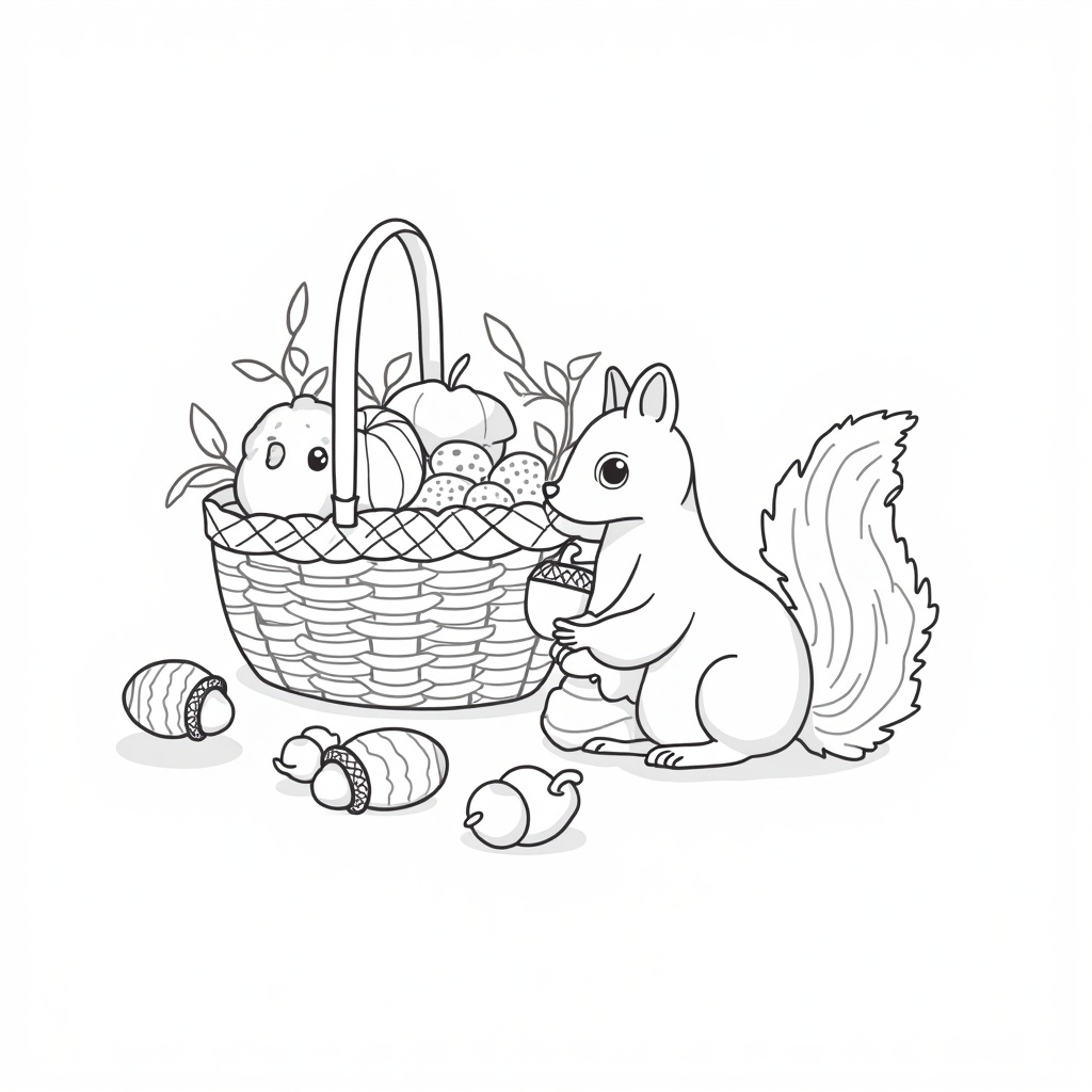 Children's coloring book,  autumn basket with gifts of the forest. Contour drawing,  black and white on Tensor.Art