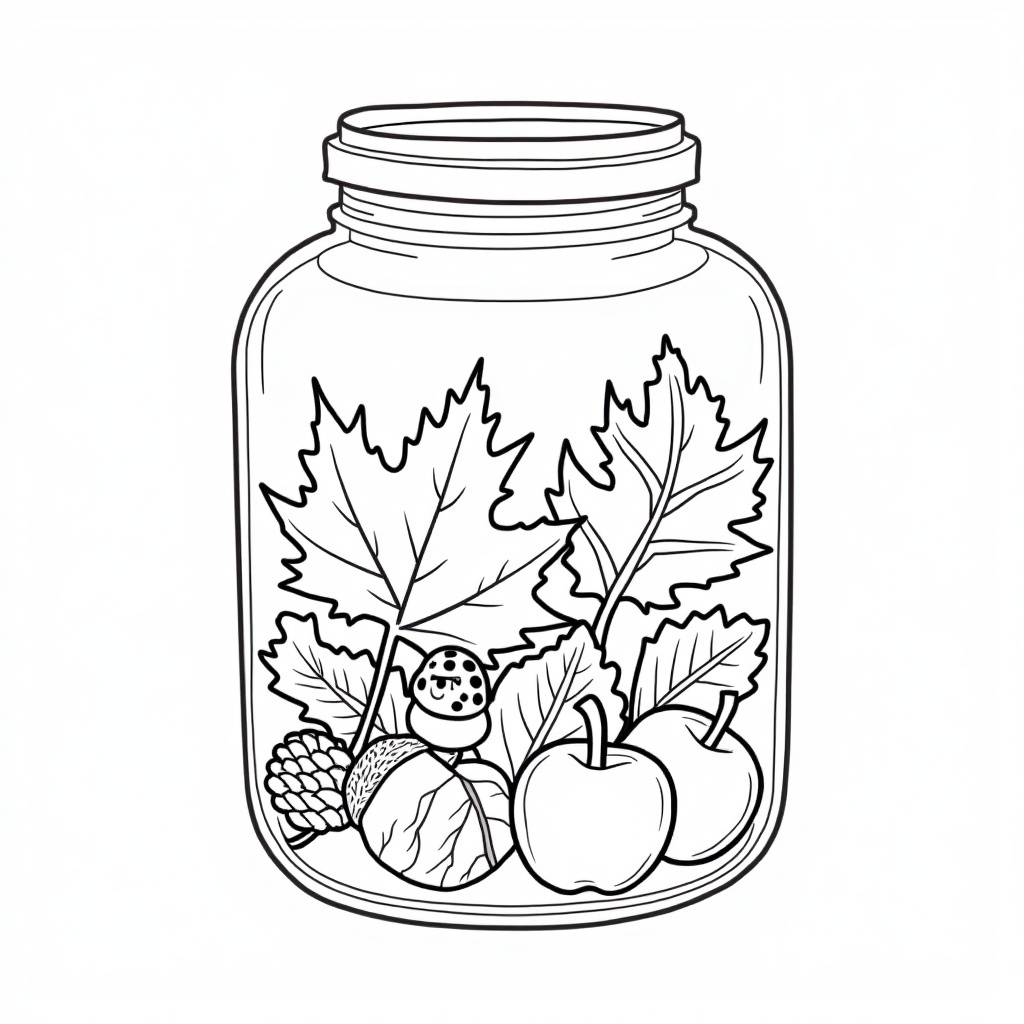 A black and white line art coloring page for kids. A large glass jar filled with autumn leaves (maple,  oak),  pinecones o...