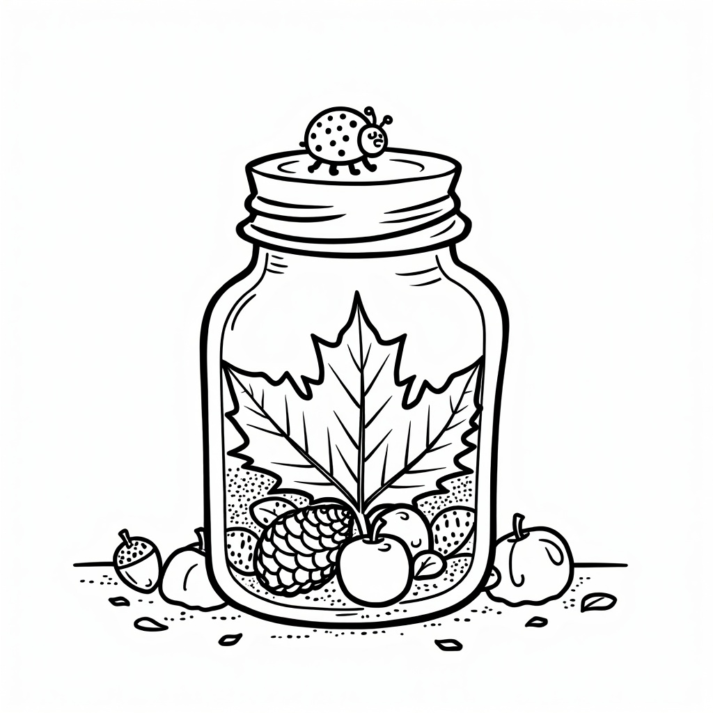A black and white line art coloring page for kids. A large glass jar filled with autumn leaves (maple,  oak),  pinecones o...