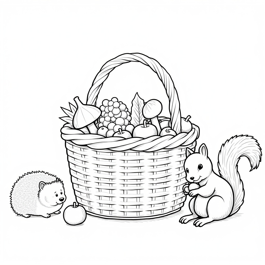Children's coloring book,  autumn basket with gifts of the forest. Contour drawing,  black and white on Tensor.Art