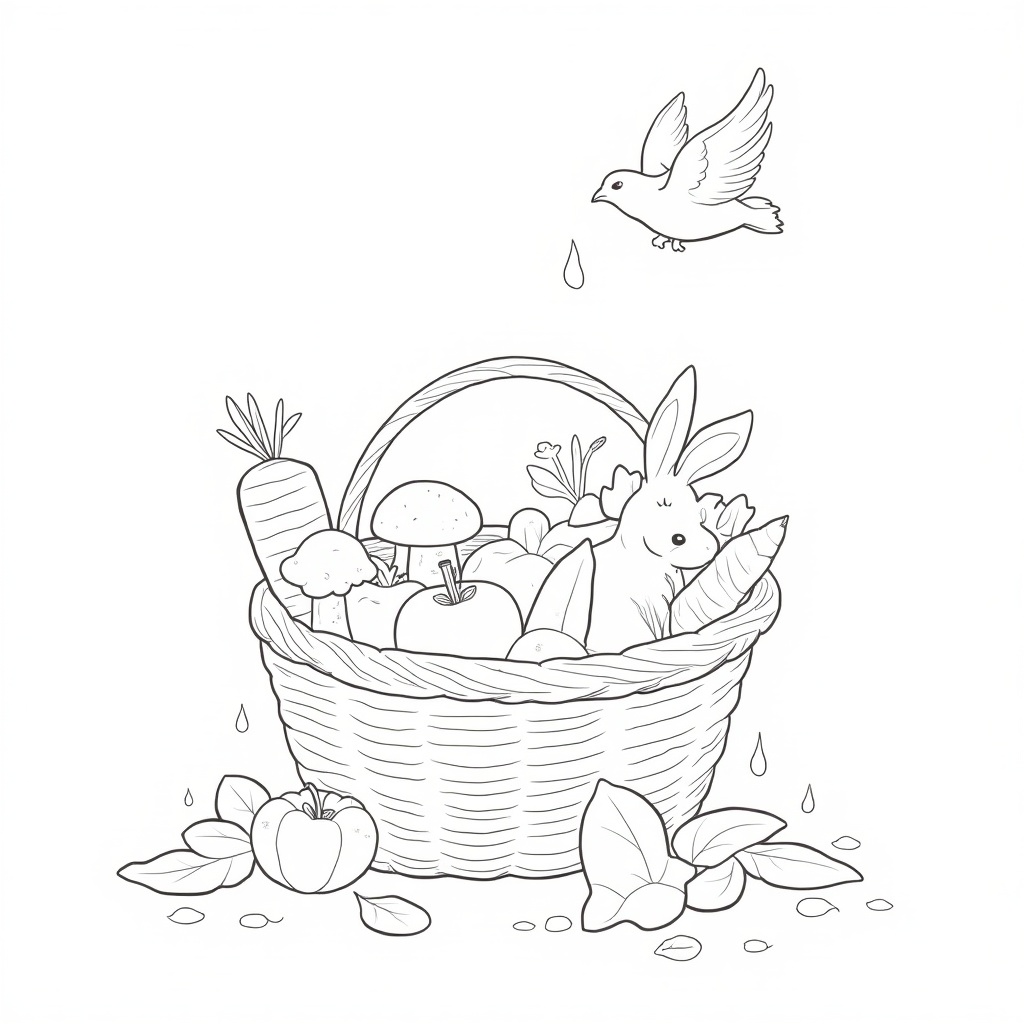 "Basket and autumn friends - contours for coloring" Children's linear drawing. A basket with mushrooms and fruits (apple,...