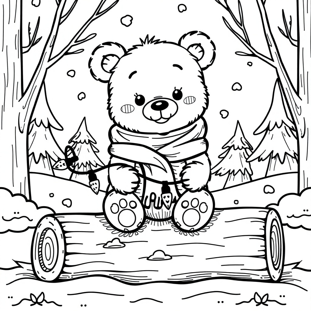 Coloring page line art,  cute bear cub wearing a scarf sitting on a snowy log,  holding a string of Christmas lights on Te...