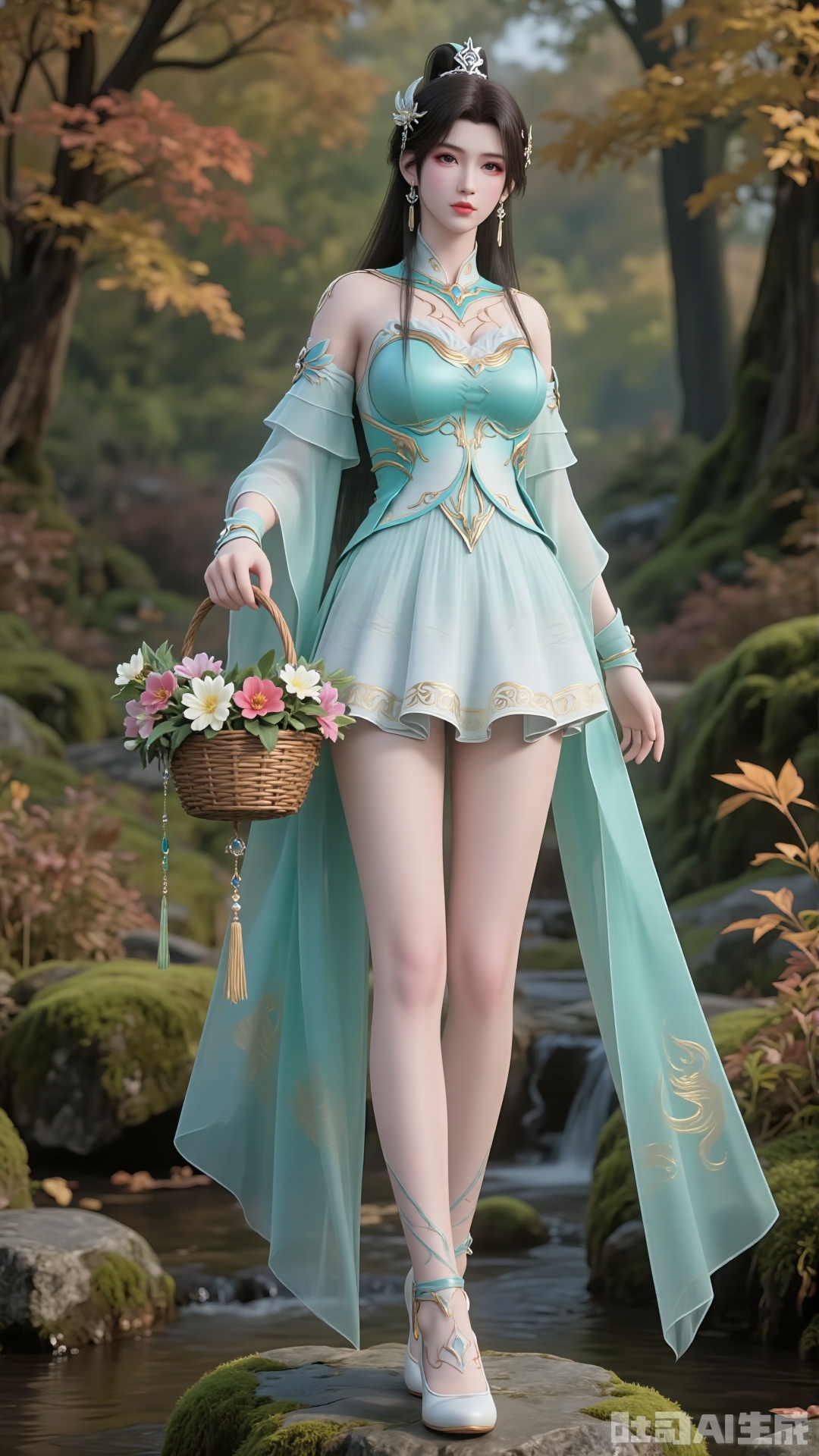 Action: “A beautiful woman stands on a stone, carrying a bamboo basket filled with fresh flowers of various colors”. Fingers. Nail art.
 
- Character Traits: A cold and ethereal female immortal cultivator. Long, jet - black hair draping over the shoulders + an exquisite fairy crown + earrings. Beautiful facial features and an ethereal temperament. High ponytail. Exquisite eyes.
- Costume Design:
 
- Upper Garment: Light cyan form - fitting strapless top, decorated with golden patterns. The sheer, flowing sleeves on the shoulders and arms are灵动(flexible). Detachable sleeves. Off - shoulder. Wide sleeves.
- Lower Garment: Knee - length light cyan layered short skirt. The hem edge is adorned with light golden patterns, giving the short skirt a sense of hierarchy. Knee - length pleated skirt. Folds. There is golden embroidery on the costume.
 
Makeup: It has a classical and exquisite style. The base makeup is fair and delicate. The lines of the eyebrows and eyes are neat. The lip color is natural, highlighting a gentle temperament.
 
Accessories: There is an exquisite necklace around the neck, creating an ancient - style image that combines chivalry and beauty.
 
Light cyan flat - bottomed embroidered shoes. Slender legs. Legs exposed. Tall figure.
 
- Scene: “In the forest, stones covered with moss. There are tall trees, maple trees, fallen leaves around, and the ground is covered with maple leaves. Moss, wildflowers, a small stream, clear water”.
- Lighting: “Soft natural light, a serene and secluded atmosphere”. Realistic. Lifelike.