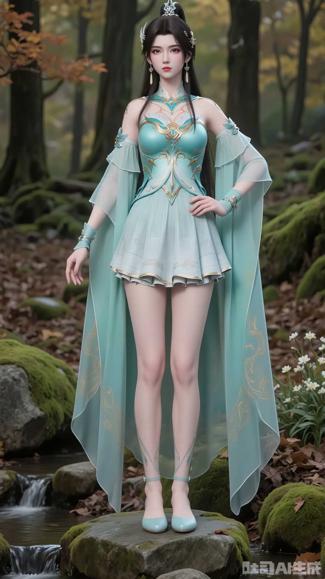 Posture: Facing the camera while standing.
Action: "Standing on a stone, one hand naturally resting on the waist, the other relaxed by the side." Fingernails with nail art.
 
- Character Traits: A cold and ethereal female immortal cultivator. Long black hair draped over shoulders, paired with a delicate fairy crown and earrings, featuring beautiful facial features and an ethereal temperament. High ponytail. Exquisite eyes.
- Costume Design:
 
- Upper Garment: Light cyan form-fitting strapless top with golden pattern decorations, complemented by flowing sheer sleeves on shoulders and arms. Detachable sleeves. Off-shoulder. Wide sleeves.
- Lower Garment: Knee-length light cyan layered short skirt, hem edged with light golden patterns to create a sense of depth. Knee-length pleated skirt with folds. Golden embroidery on the costume.
 
Makeup: Classical and delicate style. Fair, smooth base makeup, neat eyebrow and eye lines, natural lip color, highlighting a gentle temperament.
Accessories: A delicate necklace around the neck, creating an ancient-style image that blends chivalry and beauty.
Light cyan flat embroidered shoes. Slender legs. Legs exposed. Tall figure.
 
- Scene: "In a forest, moss-covered stones, surrounded by tall trees, maple trees, fallen leaves, and ground carpeted with maple leaves. Moss, wildflowers, a small stream with clear water."
- Lighting: "Soft natural light, creating a quiet and secluded atmosphere." Realistic. Vivid.