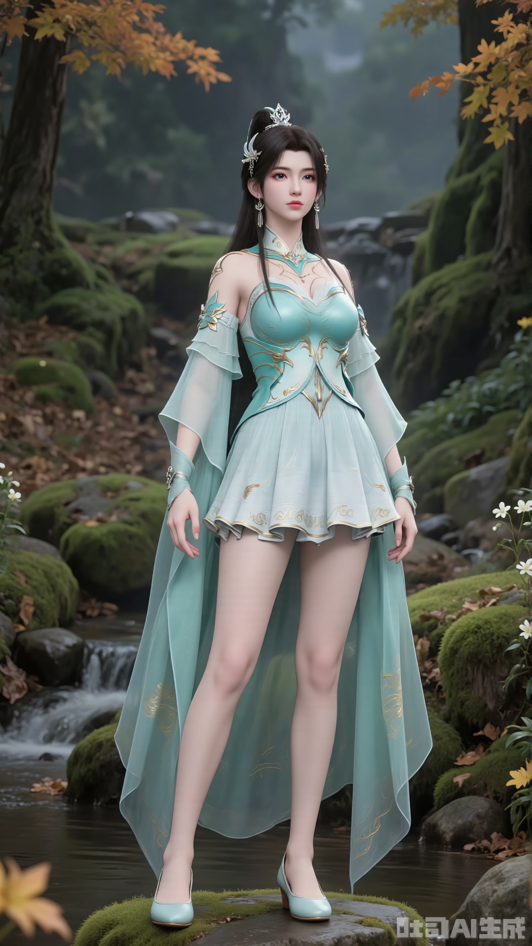 Posture: Facing the camera while standing.
Action: "Standing on a stone, one hand naturally resting on the waist, the other relaxed by the side." Fingernails with nail art.
 
- Character Traits: A cold and ethereal female immortal cultivator. Long black hair draped over shoulders, paired with a delicate fairy crown and earrings, featuring beautiful facial features and an ethereal temperament. High ponytail. Exquisite eyes.
- Costume Design:
 
- Upper Garment: Light cyan form-fitting strapless top with golden pattern decorations, complemented by flowing sheer sleeves on shoulders and arms. Detachable sleeves. Off-shoulder. Wide sleeves.
- Lower Garment: Knee-length light cyan layered short skirt, hem edged with light golden patterns to create a sense of depth. Knee-length pleated skirt with folds. Golden embroidery on the costume.
 
Makeup: Classical and delicate style. Fair, smooth base makeup, neat eyebrow and eye lines, natural lip color, highlighting a gentle temperament.
Accessories: A delicate necklace around the neck, creating an ancient-style image that blends chivalry and beauty.
Light cyan flat embroidered shoes. Slender legs. Legs exposed. Tall figure.
 
- Scene: "In a forest, moss-covered stones, surrounded by tall trees, maple trees, fallen leaves, and ground carpeted with maple leaves. Moss, wildflowers, a small stream with clear water."
- Lighting: "Soft natural light, creating a quiet and secluded atmosphere." Realistic. Vivid.