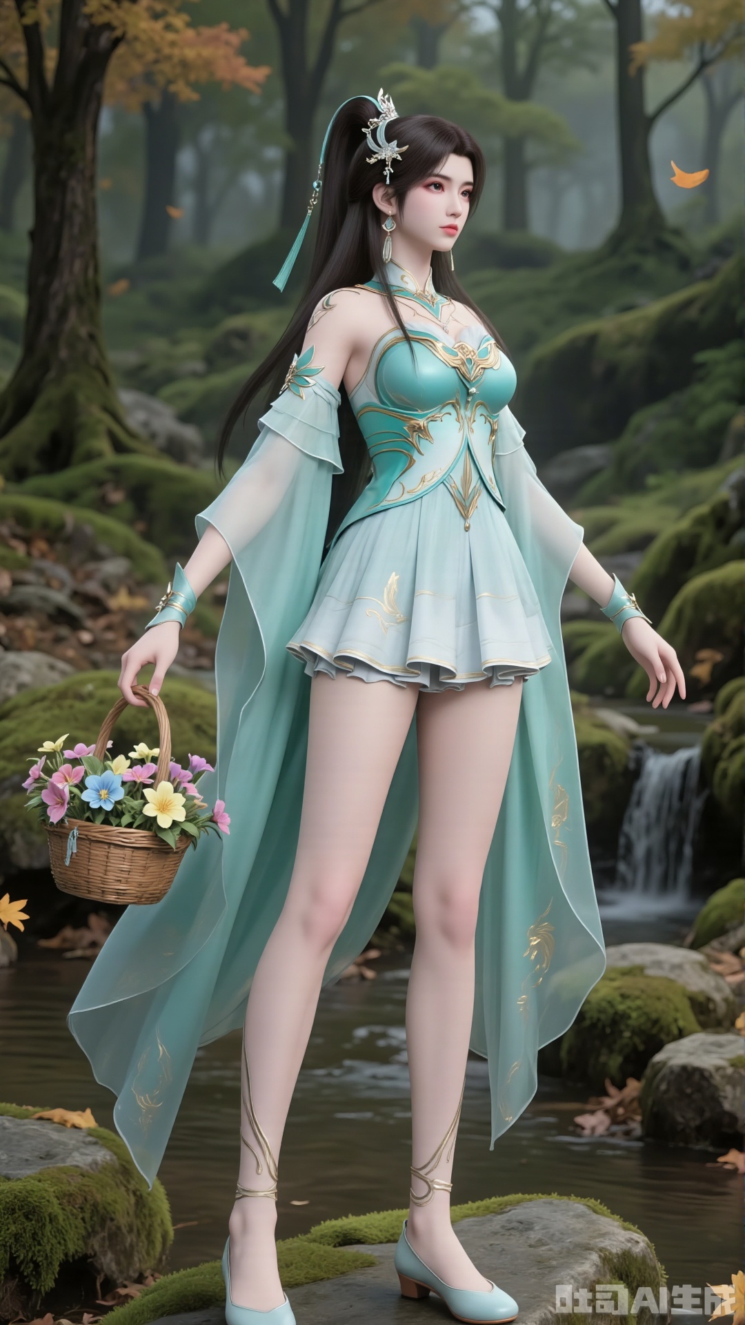 Action: “A beautiful woman stands on a stone, carrying a bamboo basket filled with fresh flowers of various colors”. Fingers. Nail art.
 
- Character Traits: A cold and ethereal female immortal cultivator. Long, jet - black hair draping over the shoulders + an exquisite fairy crown + earrings. Beautiful facial features and an ethereal temperament. High ponytail. Exquisite eyes.
- Costume Design:
 
- Upper Garment: Light cyan form - fitting strapless top, decorated with golden patterns. The sheer, flowing sleeves on the shoulders and arms are灵动(flexible). Detachable sleeves. Off - shoulder. Wide sleeves.
- Lower Garment: Knee - length light cyan layered short skirt. The hem edge is adorned with light golden patterns, giving the short skirt a sense of hierarchy. Knee - length pleated skirt. Folds. There is golden embroidery on the costume.
 
Makeup: It has a classical and exquisite style. The base makeup is fair and delicate. The lines of the eyebrows and eyes are neat. The lip color is natural, highlighting a gentle temperament.
 
Accessories: There is an exquisite necklace around the neck, creating an ancient - style image that combines chivalry and beauty.
 
Light cyan flat - bottomed embroidered shoes. Slender legs. Legs exposed. Tall figure.
 
- Scene: “In the forest, stones covered with moss. There are tall trees, maple trees, fallen leaves around, and the ground is covered with maple leaves. Moss, wildflowers, a small stream, clear water”.
- Lighting: “Soft natural light, a serene and secluded atmosphere”. Realistic. Lifelike.