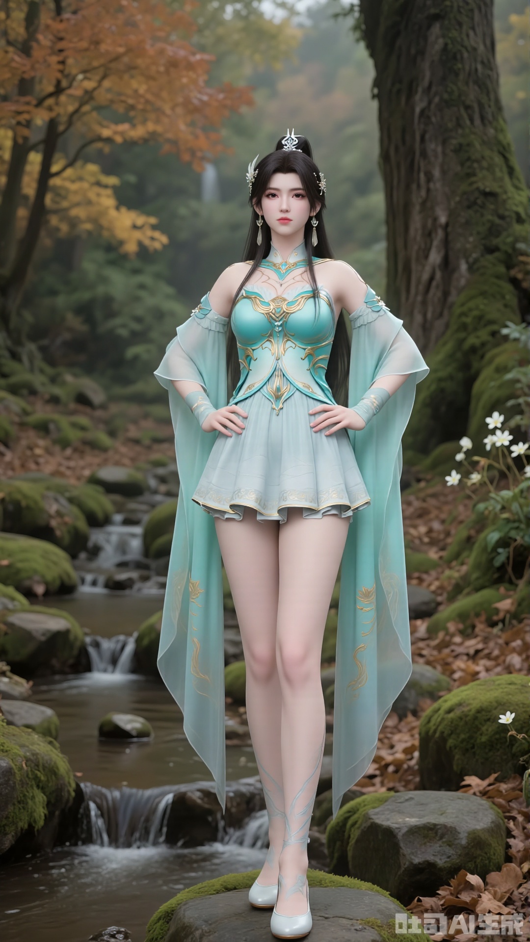 Posture: Facing the camera while standing.
Action: "Standing on a stone, one hand naturally resting on the waist, the other relaxed by the side." Fingernails with nail art.
 
- Character Traits: A cold and ethereal female immortal cultivator. Long black hair draped over shoulders, paired with a delicate fairy crown and earrings, featuring beautiful facial features and an ethereal temperament. High ponytail. Exquisite eyes.
- Costume Design:
 
- Upper Garment: Light cyan form-fitting strapless top with golden pattern decorations, complemented by flowing sheer sleeves on shoulders and arms. Detachable sleeves. Off-shoulder. Wide sleeves.
- Lower Garment: Knee-length light cyan layered short skirt, hem edged with light golden patterns to create a sense of depth. Knee-length pleated skirt with folds. Golden embroidery on the costume.
 
Makeup: Classical and delicate style. Fair, smooth base makeup, neat eyebrow and eye lines, natural lip color, highlighting a gentle temperament.
Accessories: A delicate necklace around the neck, creating an ancient-style image that blends chivalry and beauty.
Light cyan flat embroidered shoes. Slender legs. Legs exposed. Tall figure.
 
- Scene: "In a forest, moss-covered stones, surrounded by tall trees, maple trees, fallen leaves, and ground carpeted with maple leaves. Moss, wildflowers, a small stream with clear water."
- Lighting: "Soft natural light, creating a quiet and secluded atmosphere." Realistic. Vivid.