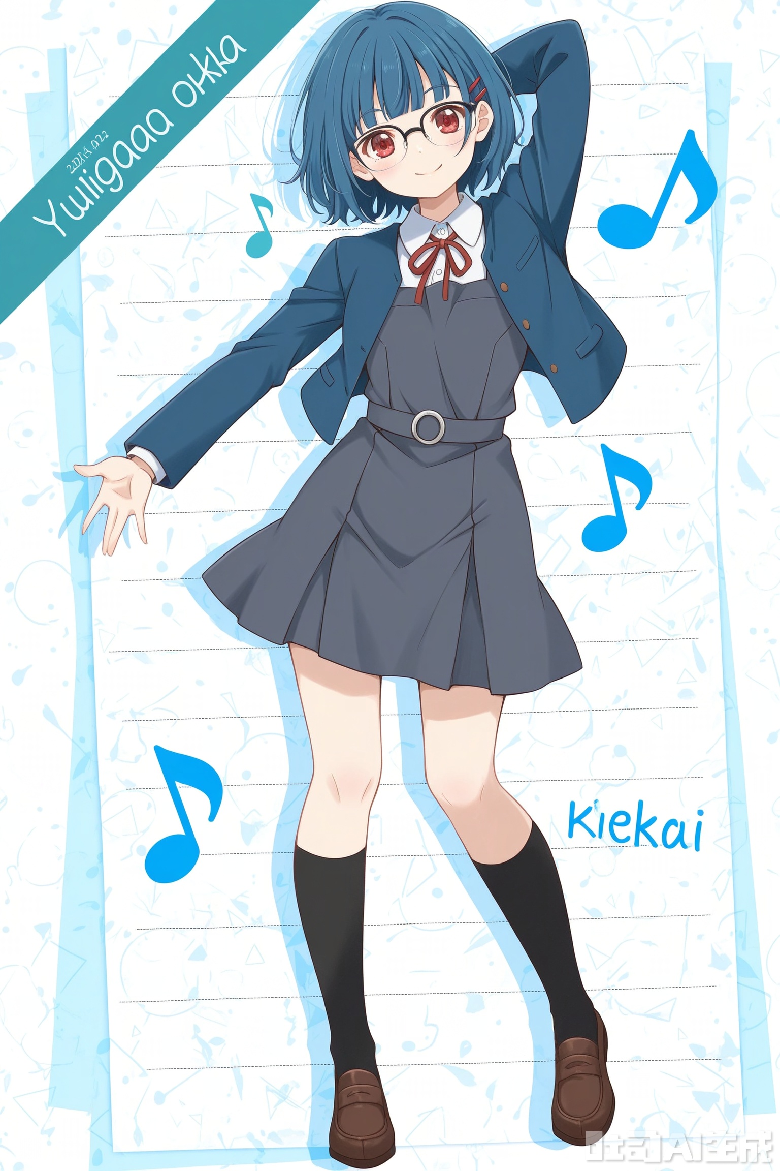 ／/White background, white theme, solo, whole body,
／/
//,college uniform,//
／/
Stretch out your arms,open your hands
／/
1girl, solo, looking at viewer, smile, short hair, bangs, red eyes, long sleeves, dress, ribbon, school uniform, blue hair, jacket, full body, shoes, glasses, socks, character name, red ribbon, kneehighs, neck ribbon, brown footwear, blue jacket, black socks, loafers, musical note, arm behind head, pinafore dress, grey dress, yuigaoka school uniform