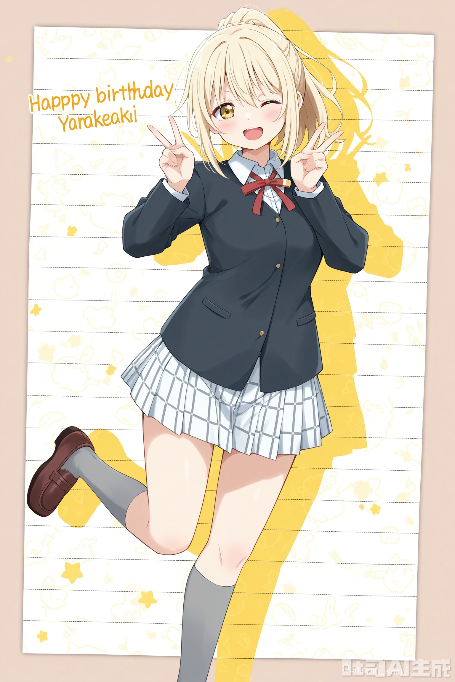 ／/White background, white theme, solo, whole body,
／/
//,college uniform,//
／/
Stretch out your arms,open your hands
／/
1girl, solo, breasts, looking at viewer, blush, smile, open mouth, bangs, skirt, blonde hair, shirt, long sleeves, ribbon, hair between eyes, school uniform, standing, full body, yellow eyes, white shirt, ponytail, sidelocks, pleated skirt, one eye closed, shoes, socks, collared shirt, miniskirt, bowtie, medium hair, character name, arms up, english text, red ribbon, plaid, kneehighs, v, neck ribbon, plaid skirt, brown footwear, standing on one leg, white skirt, cardigan, black socks, loafers, birthday, brown cardigan, grey socks, nijigasaki academy school uniform