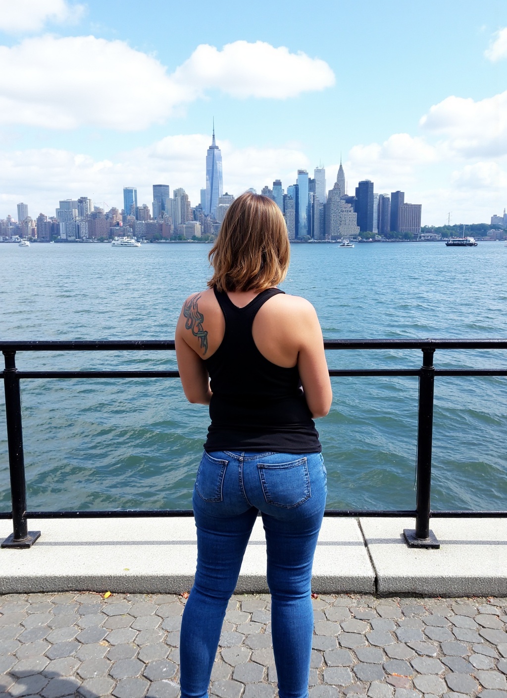 A person with light-brown hair stands facing away from the camera,  looking out over a body of water toward a distant city...