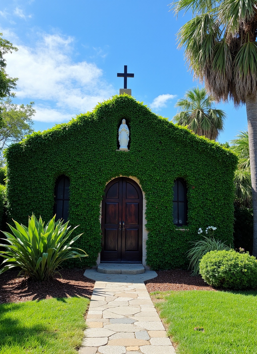 This is a picturesque,  sunlit photograph of a charming,  ivy-covered chapel or small church nestled in a lush on Tensor.Art
