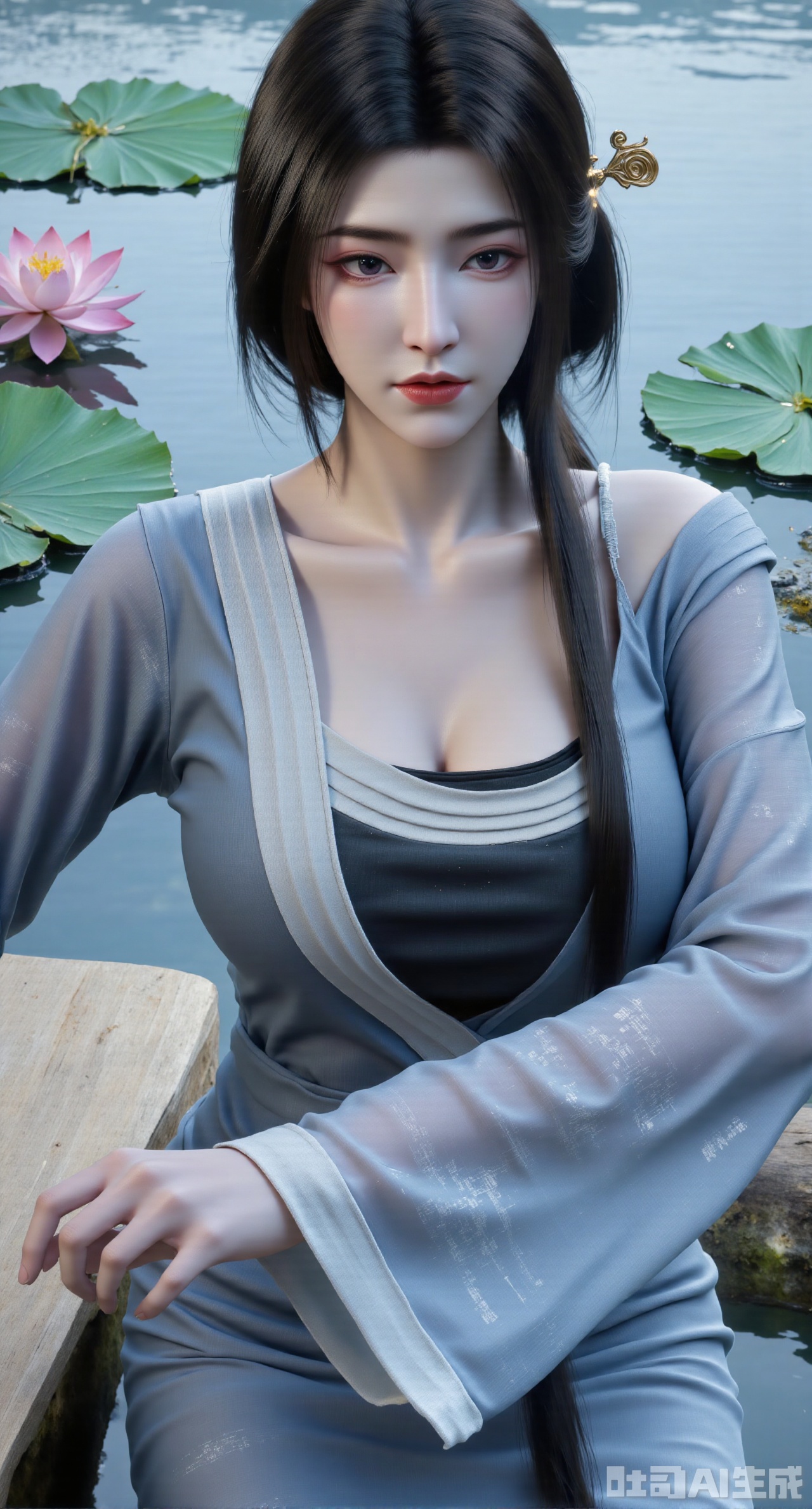 (masterpiece, best quality:1.2),1girl, navel, solo, midriff, bare shoulders, hair ornament, flower, hair flower, black hair, red lips,BREAK, (looking at viewer:1.39), chinese clothes,(Holographic black dress:1.39), (lace,Rainbow Gradient Color:1.29),BREAK,purple eyes,blurry, solo focus, long hair, lips, daytime, lipstick, outdoors, (upper body,,Long legs:1.29), blurry,(huge breasts,full breasts:1.41), background, 1girl, makeup, hair bun,Xyunxiao,(Blue sky:1.39),(Suzhou Garden Lotus Pond,pink lotus,green Lotus Leaf:1.39),(huge breasts, full breasts:2.99),Xhanfududou,Xsongzhihanfu,Xmingzhihanfu,XshixiaoyinyueY,XnaiqiXY