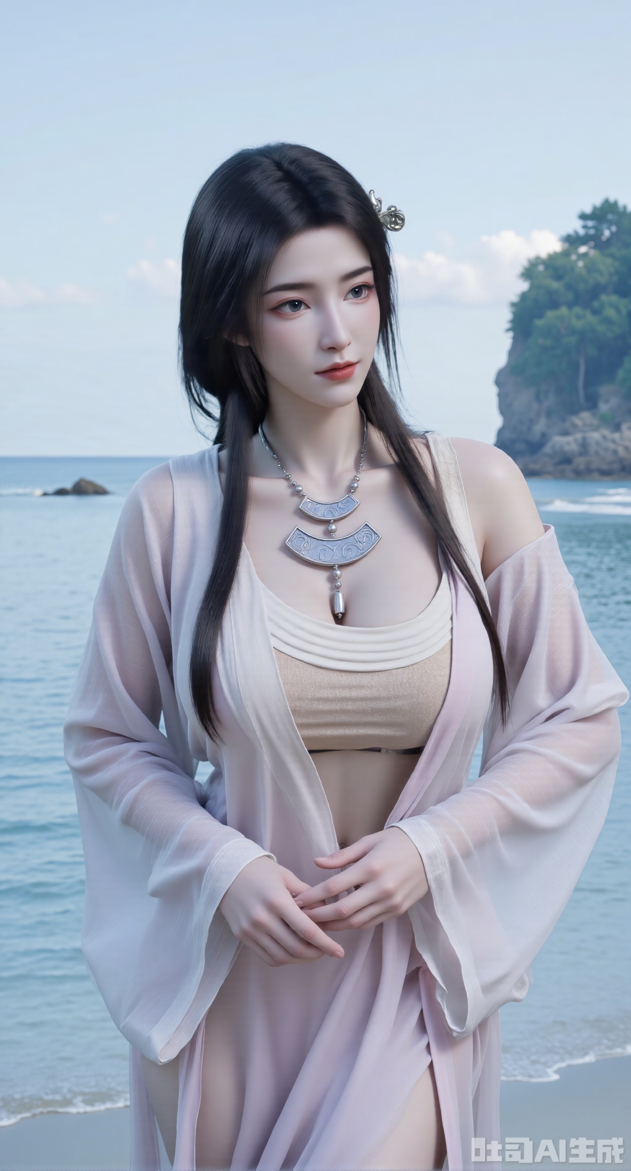 masterpiece, best quality, 1girl,solo,looking at viewer,( outdoor:1.3),sea,beach,realistic,midriff,bare shoulders,standting,hair ornament,long hair,jewelry,long dress,cowboy shot, (huge breasts, full breasts:2.99),Xhanfududou,Xsongzhihanfu,Xmingzhihanfu,XshixiaoyinyueY,XnaiqiXY