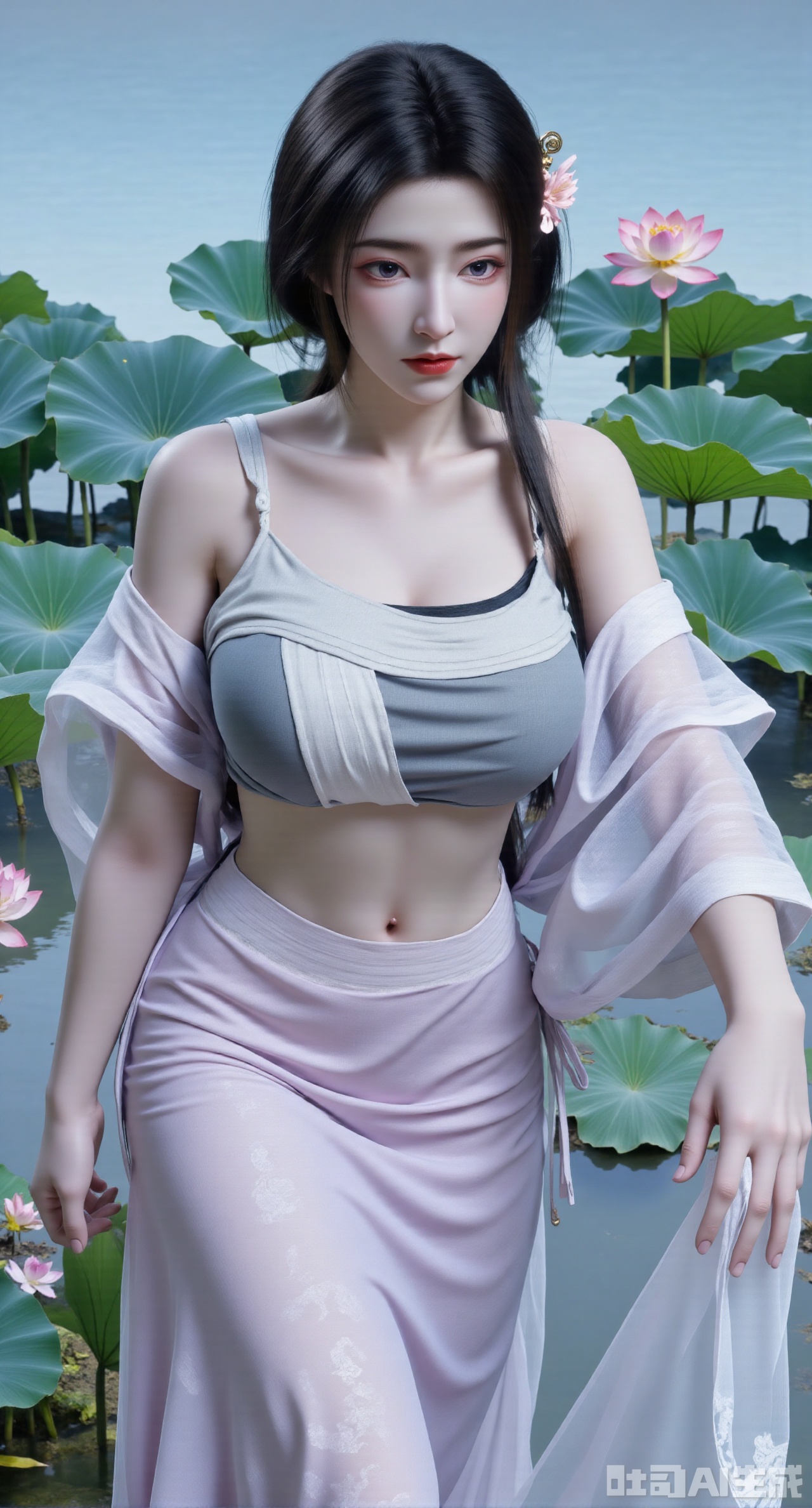 (masterpiece, best quality:1.2),1girl, navel, solo, midriff, bare shoulders, hair ornament, flower, hair flower, black hair, red lips,BREAK, (looking at viewer:1.39), chinese clothes,(Holographic black|white dress:1.39), (lace,Rainbow Gradient Color:1.29),BREAK,purple eyes,blurry, solo focus, long hair, lips, daytime, lipstick, outdoors, (upper body,,Long legs:1.29), blurry,(huge breasts,full breasts:1.41), background, 1girl, makeup, hair bun,Xyunxiao,(Blue sky:1.39),(Suzhou Garden Lotus Pond,pink lotus,green Lotus Leaf:1.39),(huge breasts, full breasts:2.99),Xhanfududou,Xsongzhihanfu,Xmingzhihanfu,XshixiaoyinyueY,XnaiqiXY