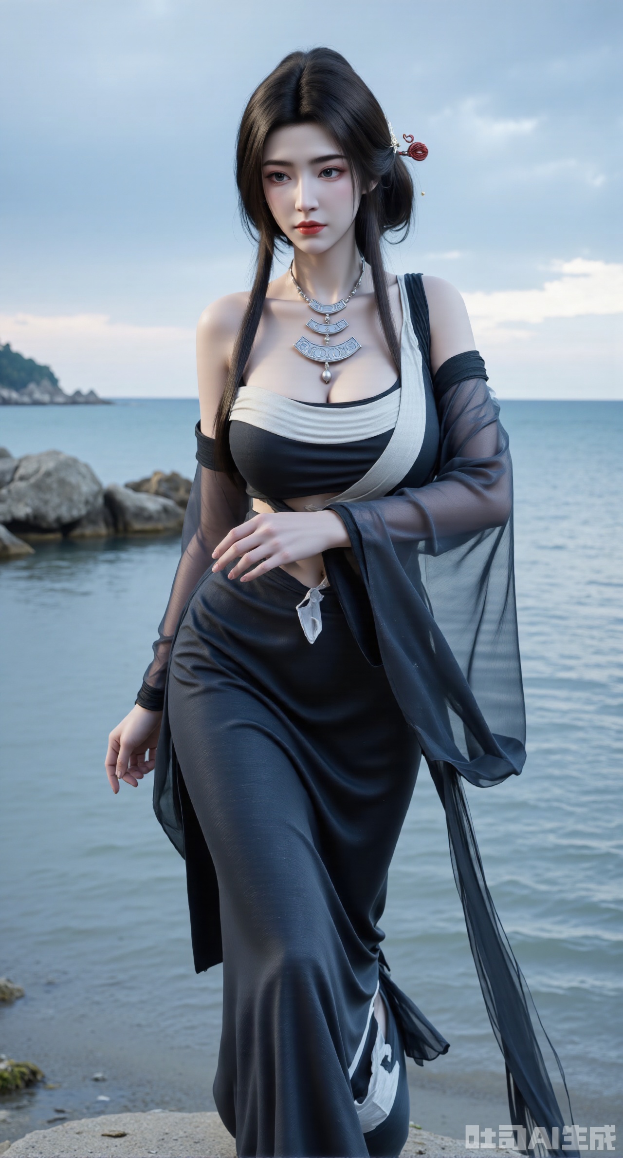 masterpiece, best quality, 1girl,solo,looking at viewer,( outdoor:1.3),sea,beach,realistic,midriff,bare shoulders,standting,hair ornament,long hair,jewelry,black dress,cowboy shot, (huge breasts, full breasts:2.99),Xhanfududou,Xsongzhihanfu,Xmingzhihanfu,XshixiaoyinyueY,XnaiqiXY