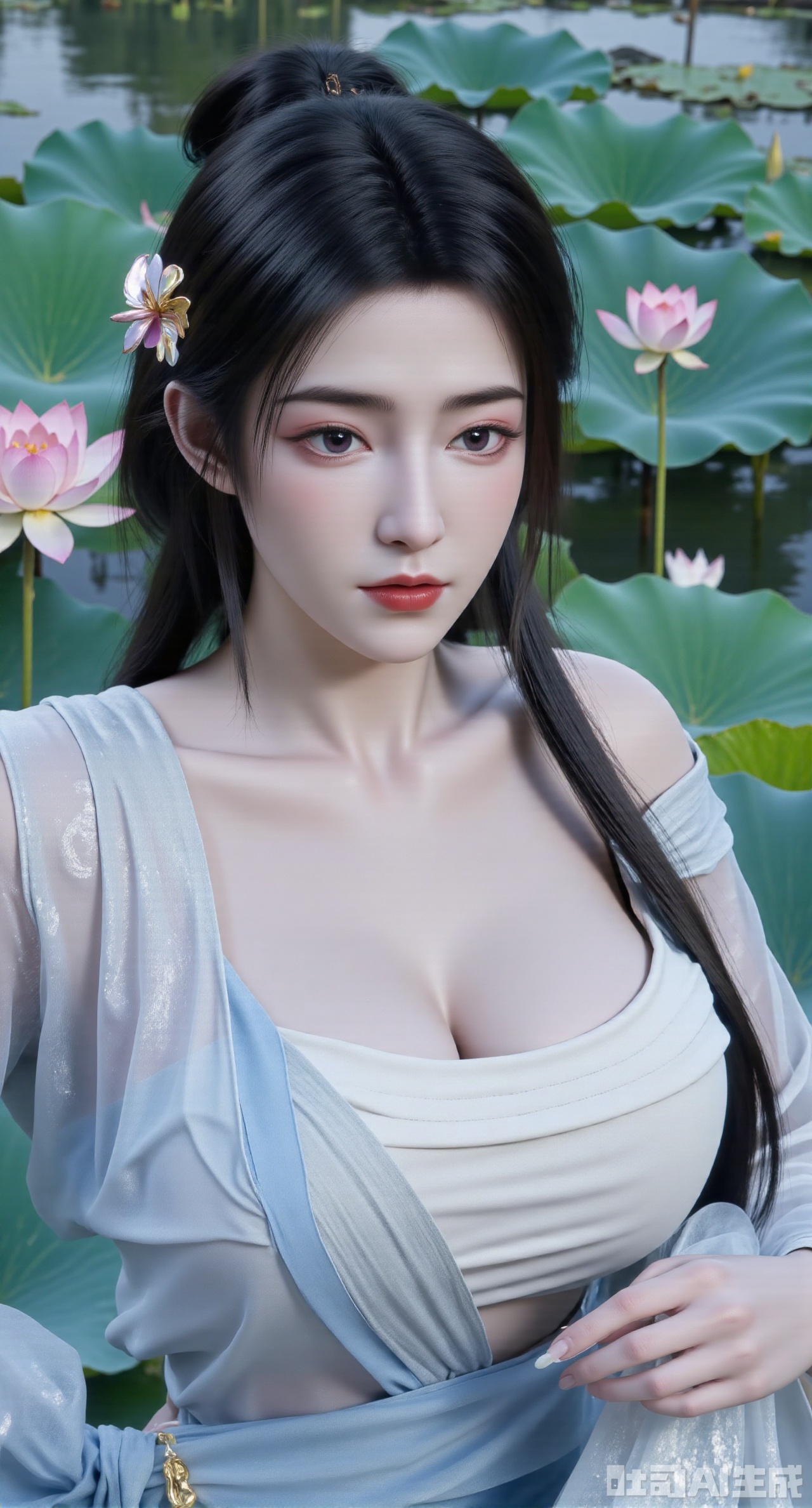 (masterpiece, best quality:1.2),1girl, navel, solo, midriff, bare shoulders, hair ornament, flower, hair flower, black hair, red lips,BREAK, (looking at viewer:1.39), chinese clothes,(Holographic black|white dress:1.39), (lace,Rainbow Gradient Color:1.29),BREAK,purple eyes,blurry, solo focus, long hair, lips, daytime, lipstick, outdoors, (upper body,,Long legs:1.29), blurry,(huge breasts,full breasts:1.41), background, 1girl, makeup, hair bun,Xyunxiao,(Blue sky:1.39),(Suzhou Garden Lotus Pond,pink lotus,green Lotus Leaf:1.39),(huge breasts, full breasts:2.99),Xhanfududou,Xsongzhihanfu,Xmingzhihanfu,XshixiaoyinyueY,XnaiqiXY