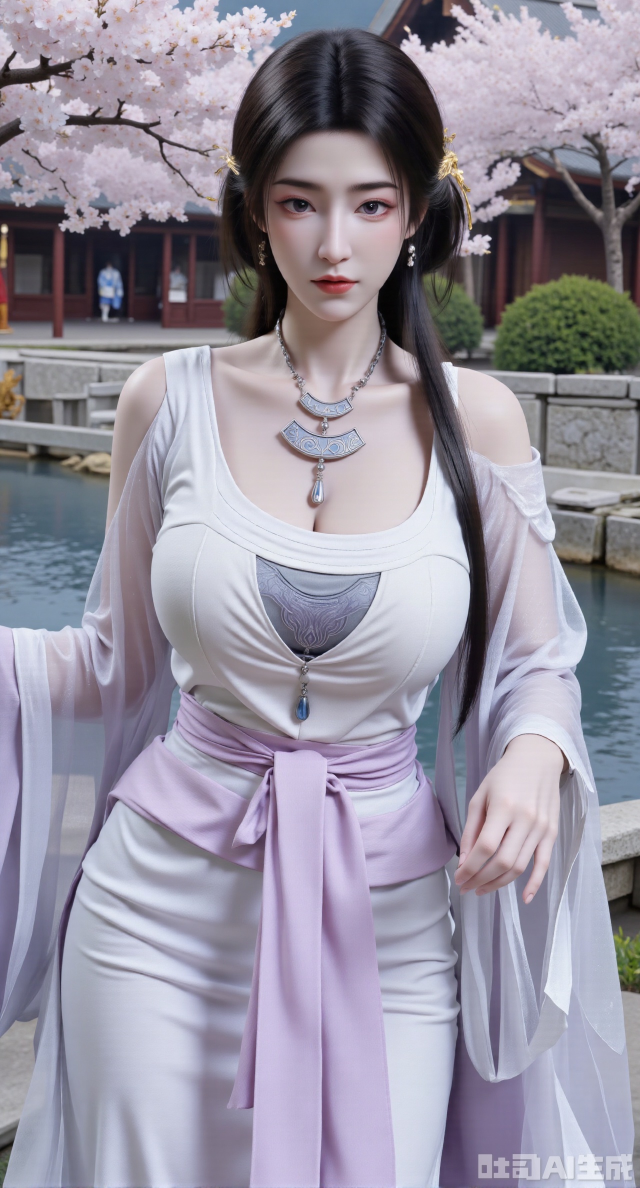 (masterpiece, best quality:1.2),1girl, solo, long hair, breasts, looking at viewer, large breasts, hair ornament, dress, bare shoulders, jewelry, purple eyes, long hair, flower, earrings, outdoors, parted lips, necklace, hand on hip, petals, hanfu dress, cherry blossoms, long dress, architecture, east asian architecture, falling petals,(huge breasts, full breasts:2.99),Xhanfududou,Xsongzhihanfu,Xmingzhihanfu,XshixiaoyinyueY,XnaiqiXY