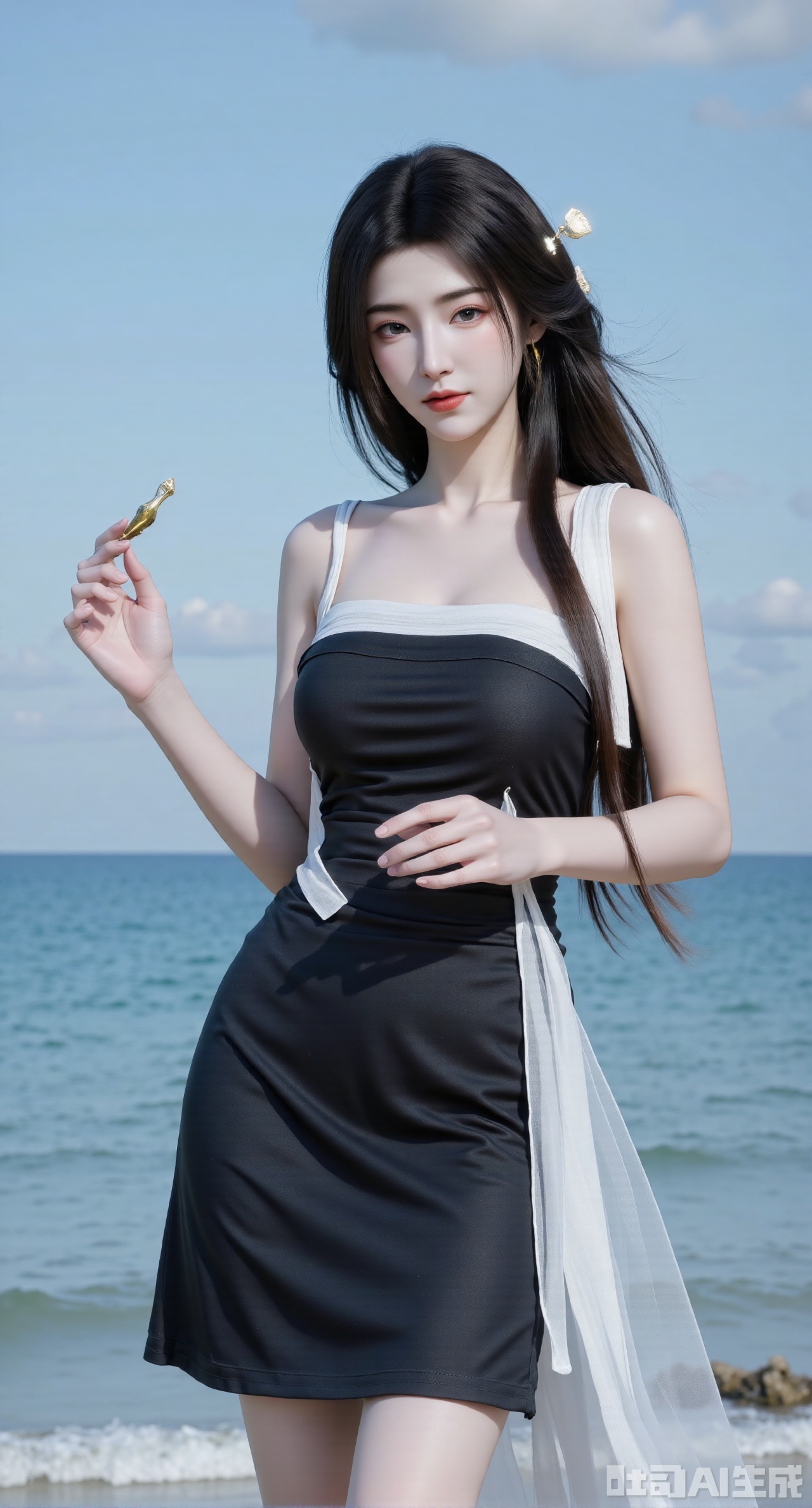masterpiece, best quality, 1girl,solo,looking at viewer,( outdoor:1.3),sea,beach,realistic,midriff,bare shoulders,standting,hair ornament,long hair,jewelry,black dress,cowboy shot, (huge breasts, full breasts:2.99),Xhanfududou,Xsongzhihanfu,Xmingzhihanfu,XshixiaoyinyueY,XnaiqiXY