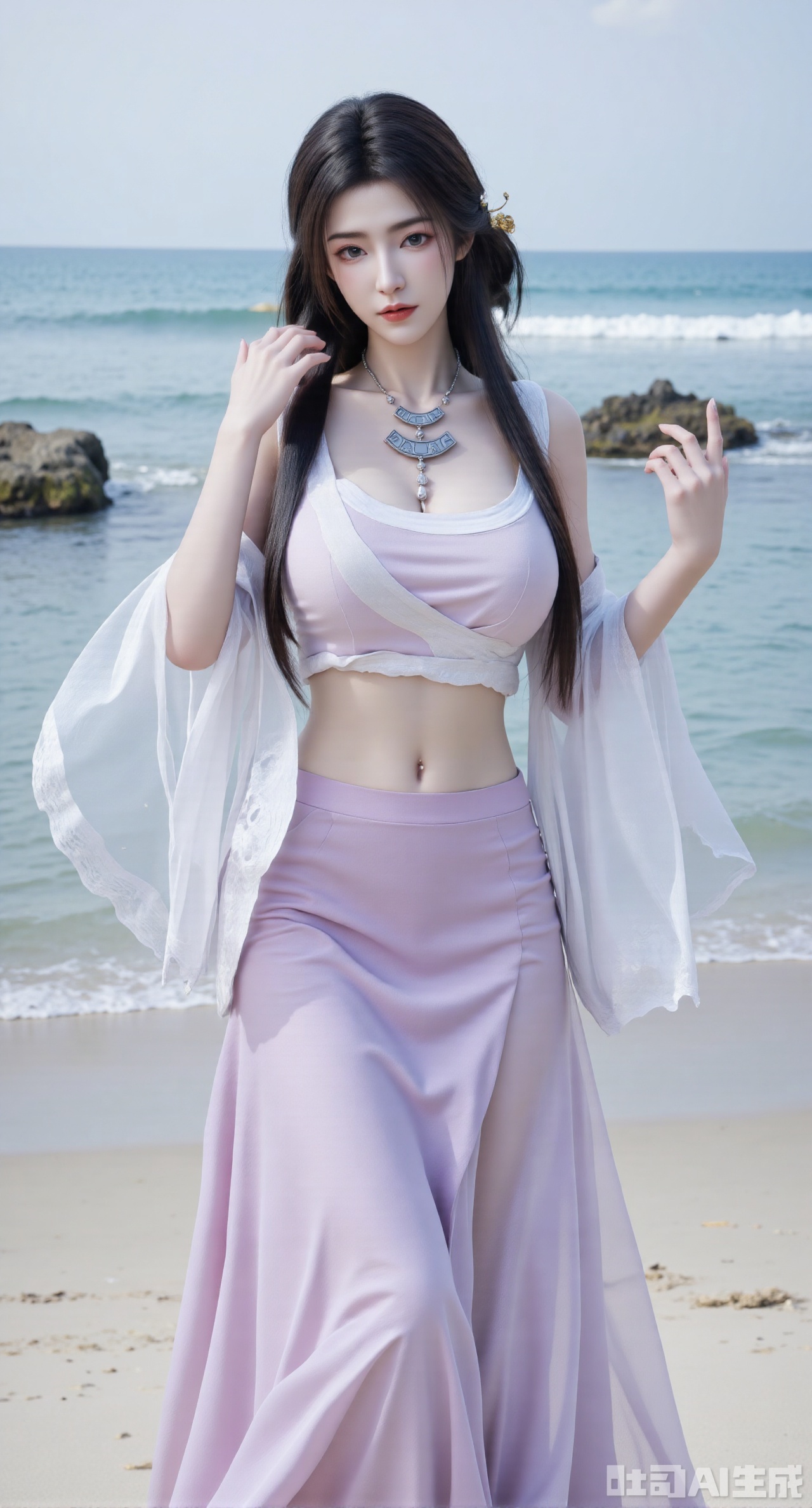 masterpiece, best quality, 1girl,solo,looking at viewer,( outdoor:1.3),sea,beach,realistic,midriff,bare shoulders,standting,hair ornament,long hair,jewelry,long dress,cowboy shot, (huge breasts, full breasts:2.99),Xhanfududou,Xsongzhihanfu,Xmingzhihanfu,XshixiaoyinyueY,XnaiqiXY