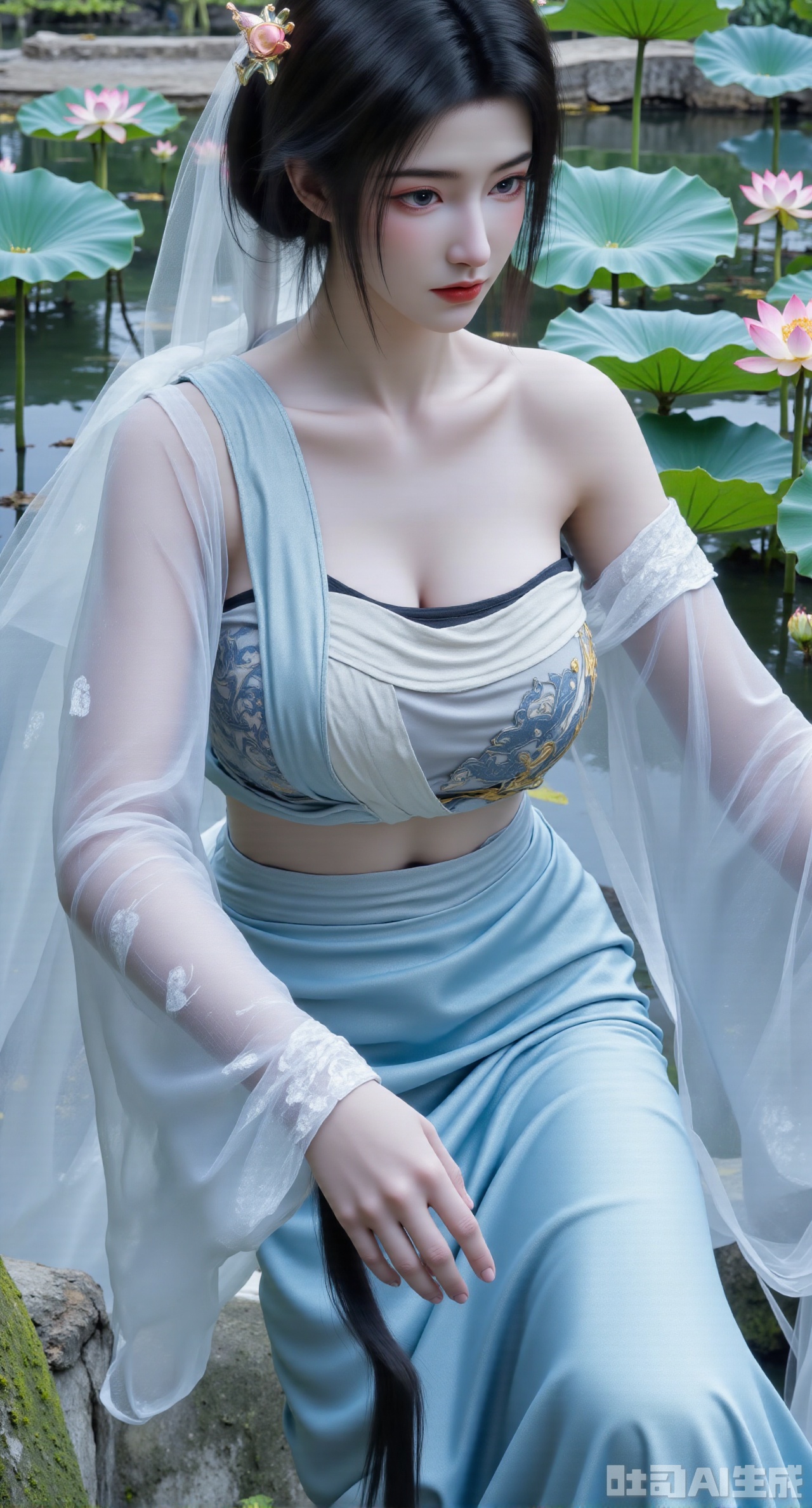 (masterpiece, best quality:1.2),1girl, navel, solo, midriff, bare shoulders, hair ornament, flower, hair flower, black hair, red lips,BREAK, (looking at viewer:1.39), chinese clothes,(Holographic black|white dress:1.39), (lace,Rainbow Gradient Color:1.29),BREAK,purple eyes,blurry, solo focus, long hair, lips, daytime, lipstick, outdoors, (upper body,,Long legs:1.29), blurry,(huge breasts,full breasts:1.41), background, 1girl, makeup, hair bun,Xyunxiao,(Blue sky:1.39),(Suzhou Garden Lotus Pond,pink lotus,green Lotus Leaf:1.39),(huge breasts, full breasts:2.99),Xhanfududou,Xsongzhihanfu,Xmingzhihanfu,XshixiaoyinyueY,XnaiqiXY