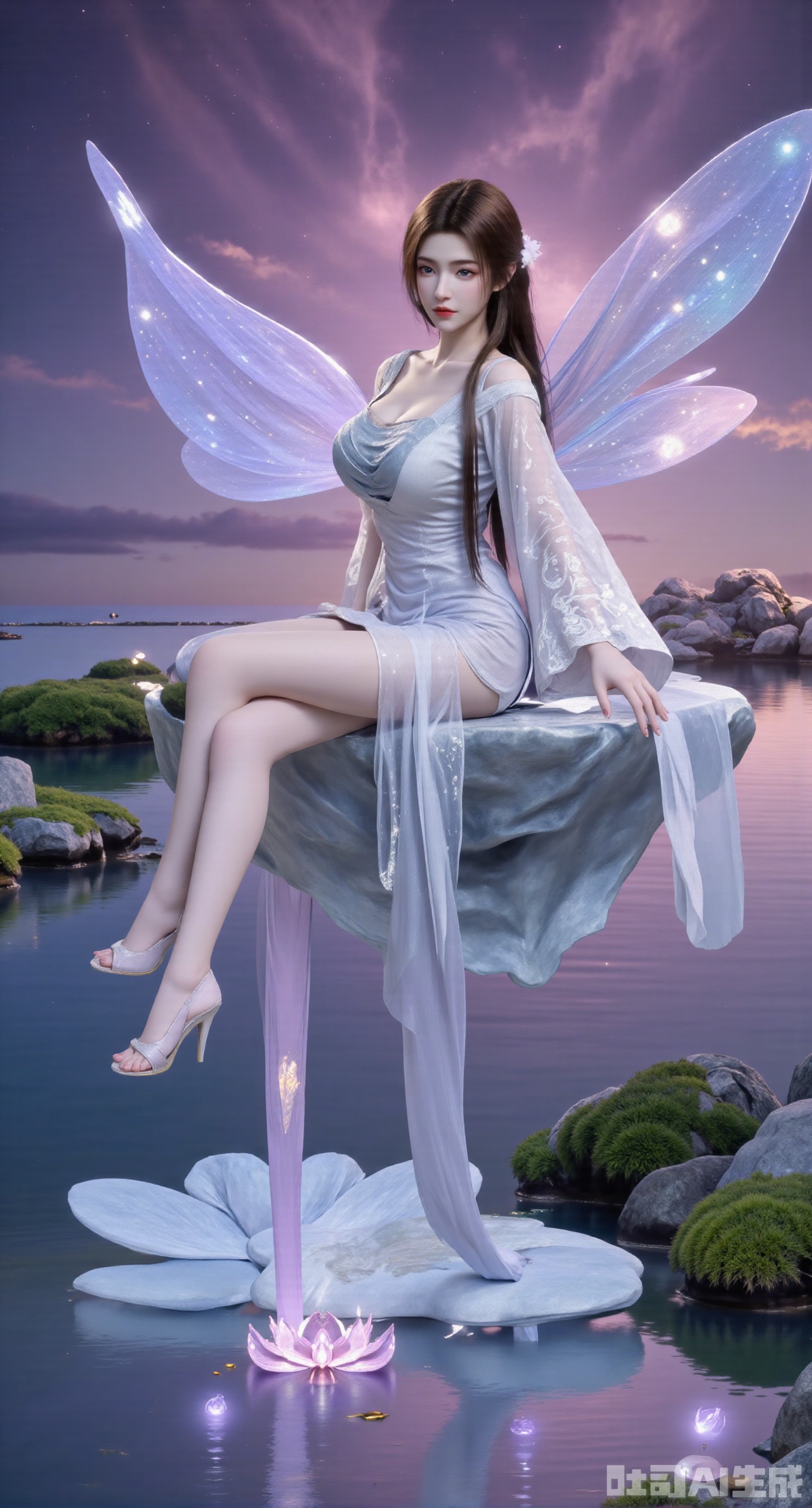 (masterpiece, best quality:1.2),1girl,looking_at_viewer,huge_breasts,,long legs,realistic,A captivating fantasy elf portrait set in a surreal, floating garden in the sky. The elf, with iridescent, translucent wings like those of a dragonfly, sits gracefully on a floating crystal lily pad. Her flowing hair shimmers with every color of the rainbow and cascades down, merging with the floating flora around her. Her eyes are deep pools of starlight, and her delicate, silver gown is adorned with tiny, twinkling constellations. The garden is filled with glowing, bioluminescent flowers and whimsical, hovering orbs of light. The backdrop features a swirling nebula sky with vibrant hues of pink and purple, creating a dreamlike, cosmic atmosphere. The portrait combines elements of ethereal beauty and celestial wonder, blending fantasy with a touch of otherworldly magic.,high_heel,, argyle legwear,star \(symbol\,yeqingxian,brown hair,(huge breasts, full breasts:2.99),Xhanfududou,Xsongzhihanfu,Xmingzhihanfu,XshixiaoyinyueY,XnaiqiXY