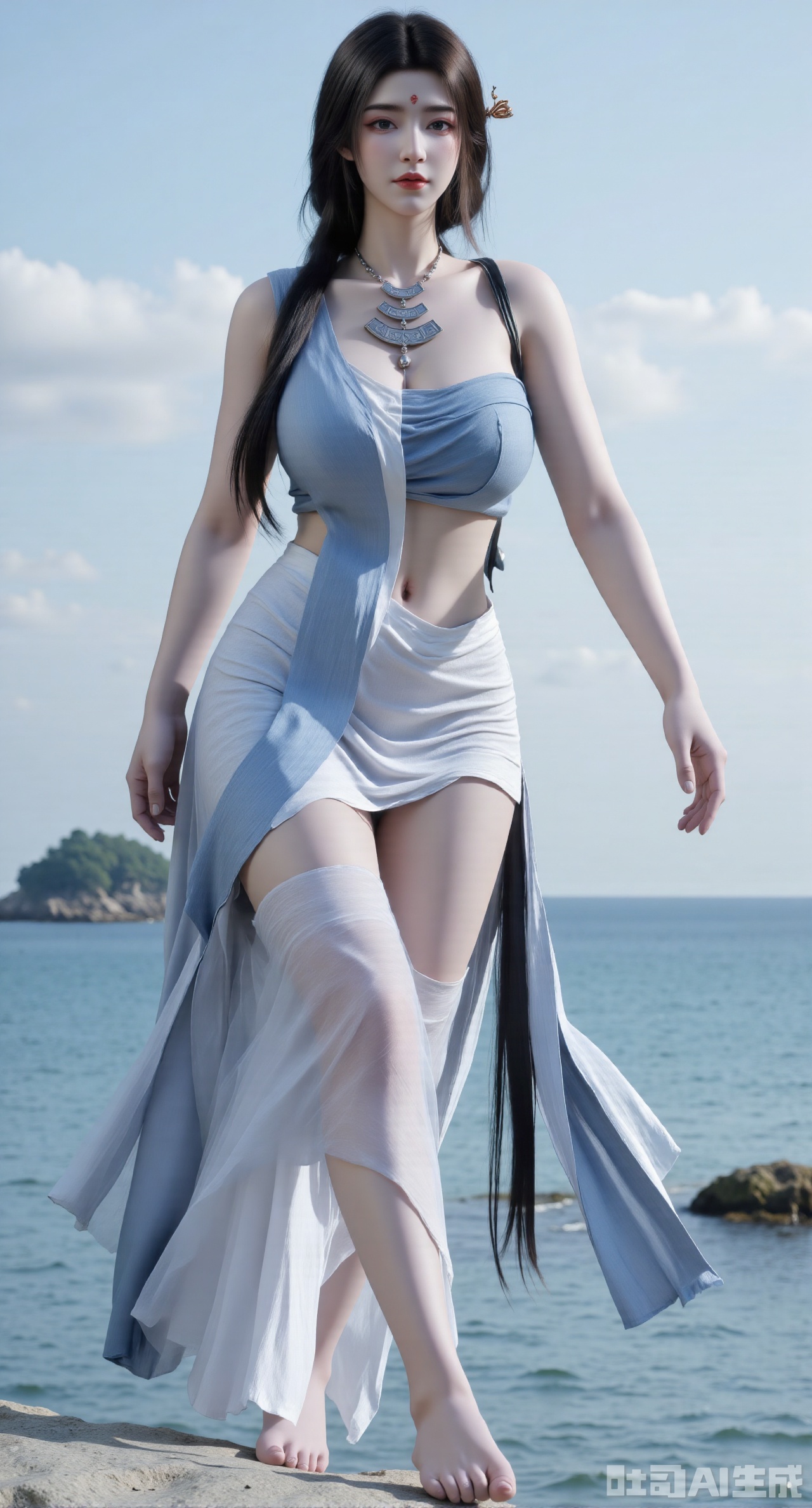 masterpiece, best quality, 1girl,solo,looking at viewer,( outdoor:1.3),sea,beach,realistic,midriff,bare shoulders,standting,hair ornament,long hair,jewelry,long dress,cowboy shot, (huge breasts, full breasts:2.99),Xhanfududou,Xsongzhihanfu,Xmingzhihanfu,XshixiaoyinyueY,XnaiqiXY