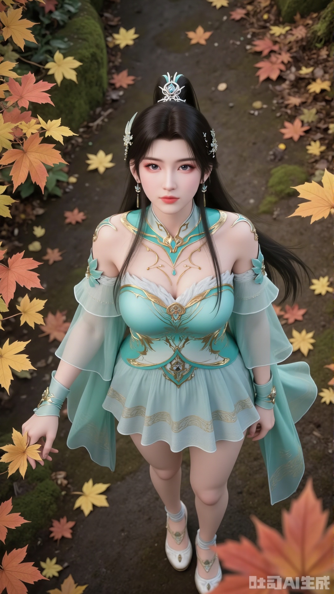 Aerial view. Shot from above. Overall: Create a classical and slightly poignant scene where the character merges with the natural environment, conveying a sense of poetry and loneliness.
 
- Composition: Using an overhead perspective, the composition fully includes the character and the surrounding fallen leaves, presenting a broad visual effect. The character forms the visual focal point in the frame, with the fallen maple leaves and surrounding foliage serving as a foil. The character's hand interacts with the leaves.
- Perspective: Overhead perspective, shooting from above, clearly showing the layout between the character and the fallen leaves on the ground, offering a unique visual experience.
- Action: The character stands upright, tilting their head back to look at the camera with a natural and relaxed posture.
- Character Features: A transcendent fairy maiden with long black shoulder-length hair, a delicate fairy crown, earrings, a beautiful face, and an ethereal temperament. High ponytail. Exquisite eyes.
- Costume Design:
- Upper Garment: Light cyan form-fitting strapless top decorated with golden patterns, featuring agile sheer flowing sleeves on the shoulders and arms. Detachable sleeves. Off-shoulder. Wide sleeves.
- Lower Garment: Knee-length light cyan layered short skirt, embellished with light golden patterns along the hem to create a sense of depth. Knee-length pleated skirt. Pleats. Golden embroidery adorns the clothing.
- Makeup: Classical and exquisite style, with fair and delicate base makeup, sharp eyebrow and eye lines, natural lip color, highlighting a gentle temperament.
- Decorations: A delicate necklace around the neck creates an ancient-style image that blends chivalry and beauty. Slender legs. Legs exposed.
- Background: Set against an autumn fallen leaf backdrop, the ground is covered with colorful autumn leaves in orange, yellow, red, and other tones, creating a rich autumnal atmosphere that embodies nature, tranquility, and a slight hint of desolation. Maple branches in front of the lens.