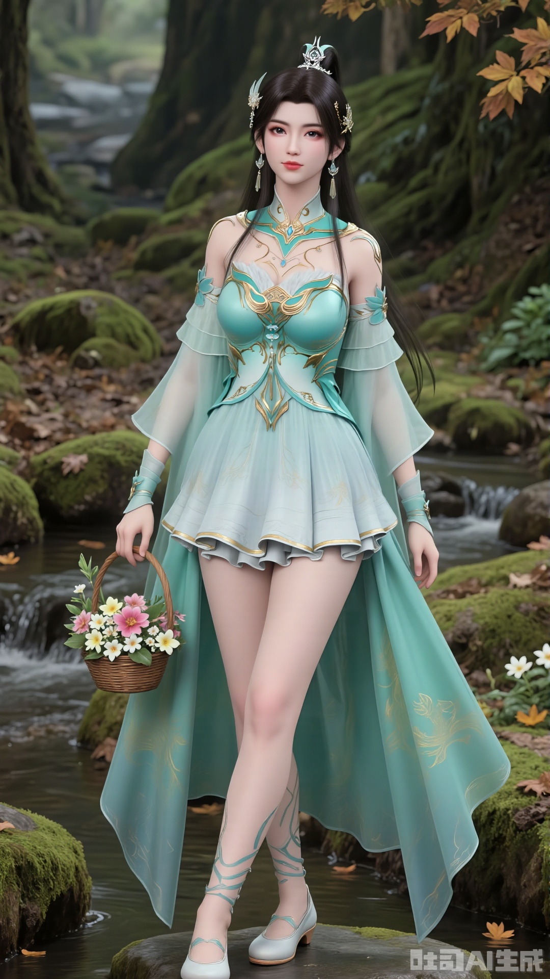 Action: “A beautiful woman stands on a stone, carrying a bamboo basket filled with flowers of various colors”. Fingers. Nail art. A faint smile.
 
- Character Traits: An otherworldly female immortal cultivator. Long black hair draping over the shoulders + an exquisite fairy crown + earrings. Beautiful features and an ethereal temperament. High ponytail. Exquisite eyes.
- Costume Design:
- Upper Garment: Light cyan form - fitting strapless top, decorated with golden patterns. The flowing sheer sleeves on the shoulders and arms are灵动(flexible). Detachable sleeves. Off - shoulder. Wide sleeves.
- Lower Garment: Knee - length light cyan layered short skirt, with light golden patterns embellishing the hem edge. The short skirt has a layered effect. Knee - length pleated skirt. Folds. There is golden embroidery on the costume.
Makeup: It has a classical and exquisite style. The base makeup is fair and delicate. The lines of the eyebrows and eyes are neat. The lip color is natural, highlighting a gentle temperament.
Accessories: There is an exquisite necklace around the neck, creating an ancient - style image that combines chivalry and beauty.
Light cyan flat - bottomed embroidered shoes. Slender legs. Legs exposed. Tall figure.
- Scene: “In the forest, moss - covered stones, surrounded by tall trees, maple trees, fallen leaves, and the ground covered with maple leaves. Moss, wildflowers, a small stream, clear water”.
- Lighting: “Soft natural light, a quiet and secluded atmosphere”. Realistic. Lifelike.