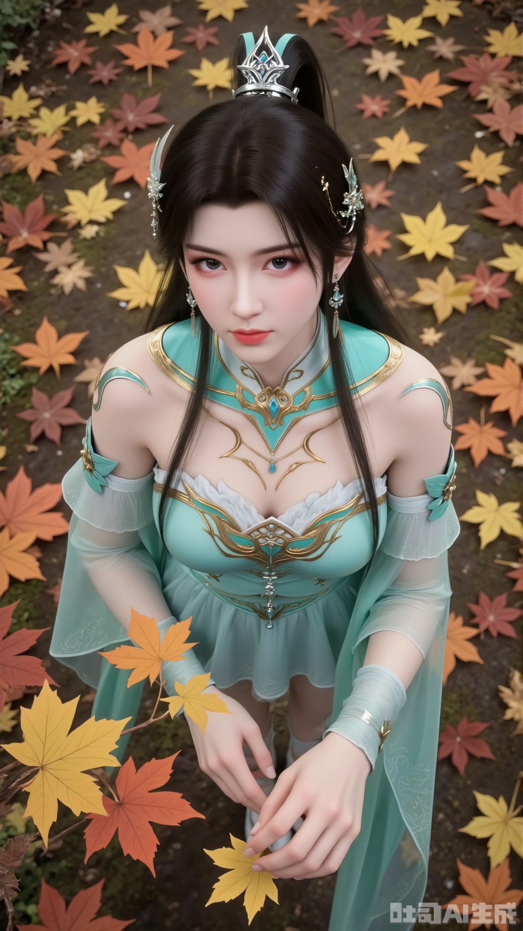 Aerial view. Shot from above. Overall: Create a classical and slightly poignant scene where the character merges with the natural environment, conveying a sense of poetry and loneliness.
 
- Composition: Using an overhead perspective, the composition fully includes the character and the surrounding fallen leaves, presenting a broad visual effect. The character forms the visual focal point in the frame, with the fallen maple leaves and surrounding foliage serving as a foil. The character's hand interacts with the leaves.
- Perspective: Overhead perspective, shooting from above, clearly showing the layout between the character and the fallen leaves on the ground, offering a unique visual experience.
- Action: The character stands upright, tilting their head back to look at the camera with a natural and relaxed posture.
- Character Features: A transcendent fairy maiden with long black shoulder-length hair, a delicate fairy crown, earrings, a beautiful face, and an ethereal temperament. High ponytail. Exquisite eyes.
- Costume Design:
- Upper Garment: Light cyan form-fitting strapless top decorated with golden patterns, featuring agile sheer flowing sleeves on the shoulders and arms. Detachable sleeves. Off-shoulder. Wide sleeves.
- Lower Garment: Knee-length light cyan layered short skirt, embellished with light golden patterns along the hem to create a sense of depth. Knee-length pleated skirt. Pleats. Golden embroidery adorns the clothing.
- Makeup: Classical and exquisite style, with fair and delicate base makeup, sharp eyebrow and eye lines, natural lip color, highlighting a gentle temperament.
- Decorations: A delicate necklace around the neck creates an ancient-style image that blends chivalry and beauty. Slender legs. Legs exposed.
- Background: Set against an autumn fallen leaf backdrop, the ground is covered with colorful autumn leaves in orange, yellow, red, and other tones, creating a rich autumnal atmosphere that embodies nature, tranquility, and a slight hint of desolation. Maple branches in front of the lens.