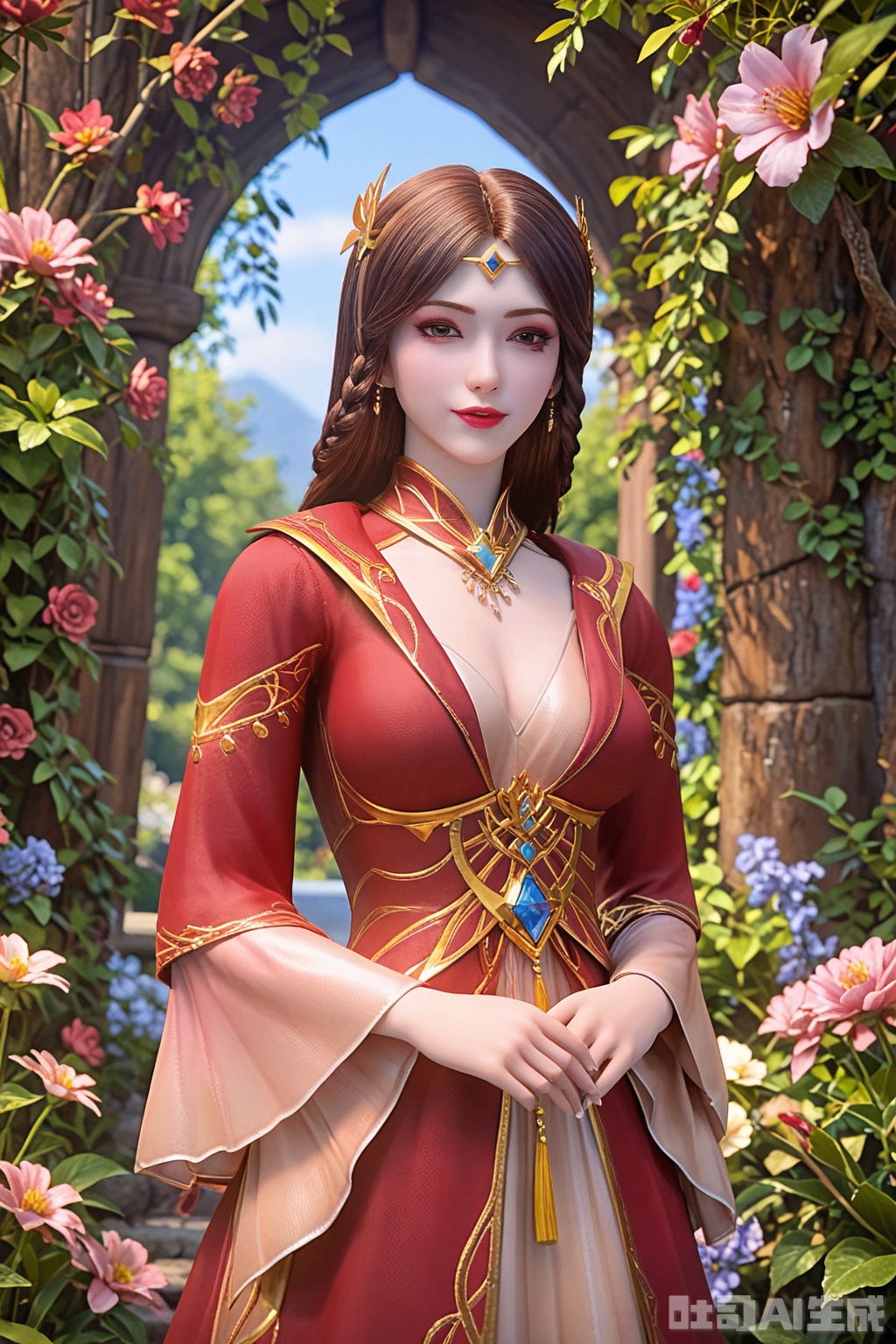 score_9_up,score_8_up,LiSha,1girl, solo, long hair, breasts, looking at viewer, brown hair, hair ornament, dress, cleavage, jewelry, cowboy shot ,.makeup, red dress,flowers background,