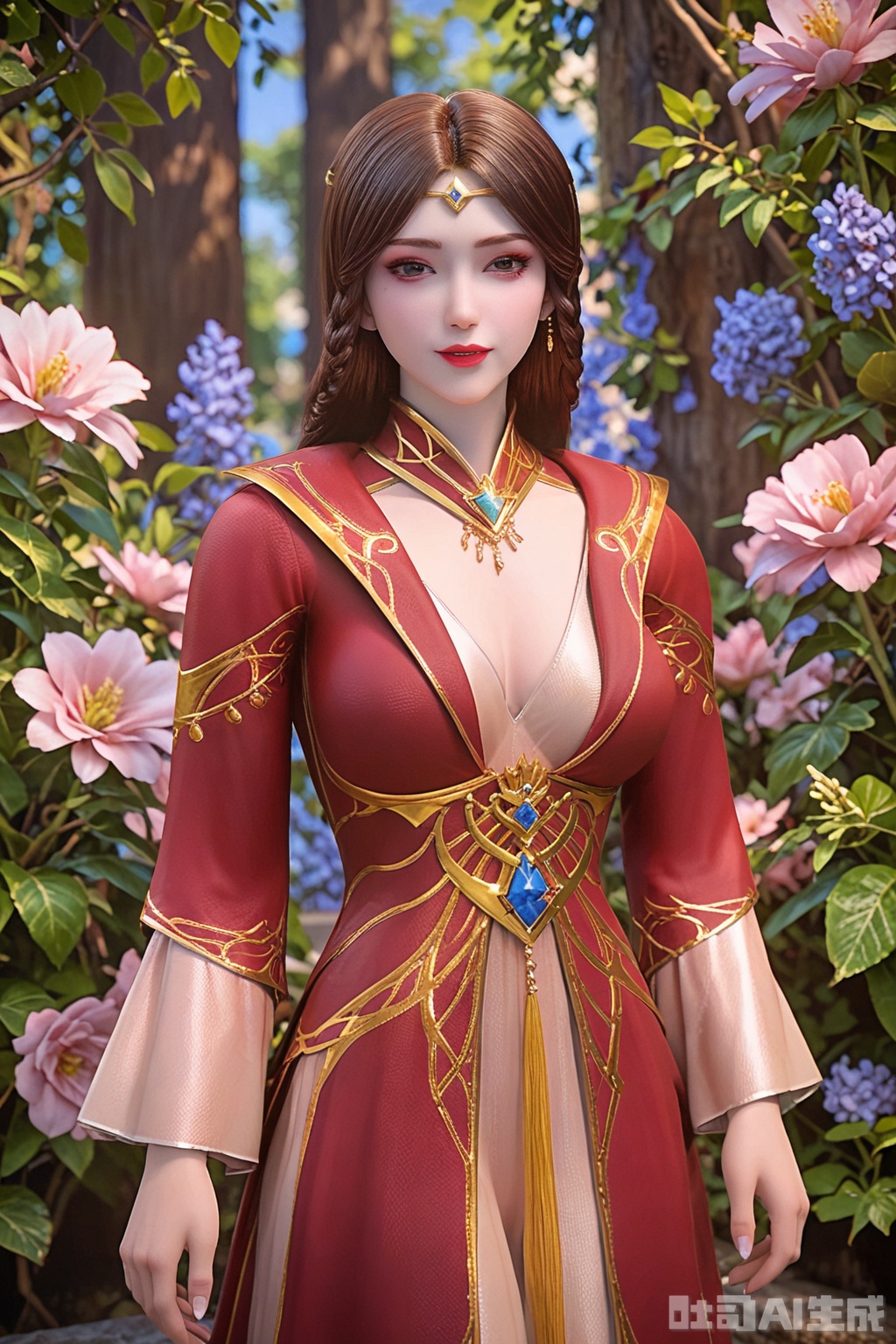score_9_up,score_8_up,LiSha,1girl, solo, long hair, breasts, looking at viewer, brown hair, hair ornament, dress, cleavage, jewelry, cowboy shot ,.makeup, red dress,flowers background,