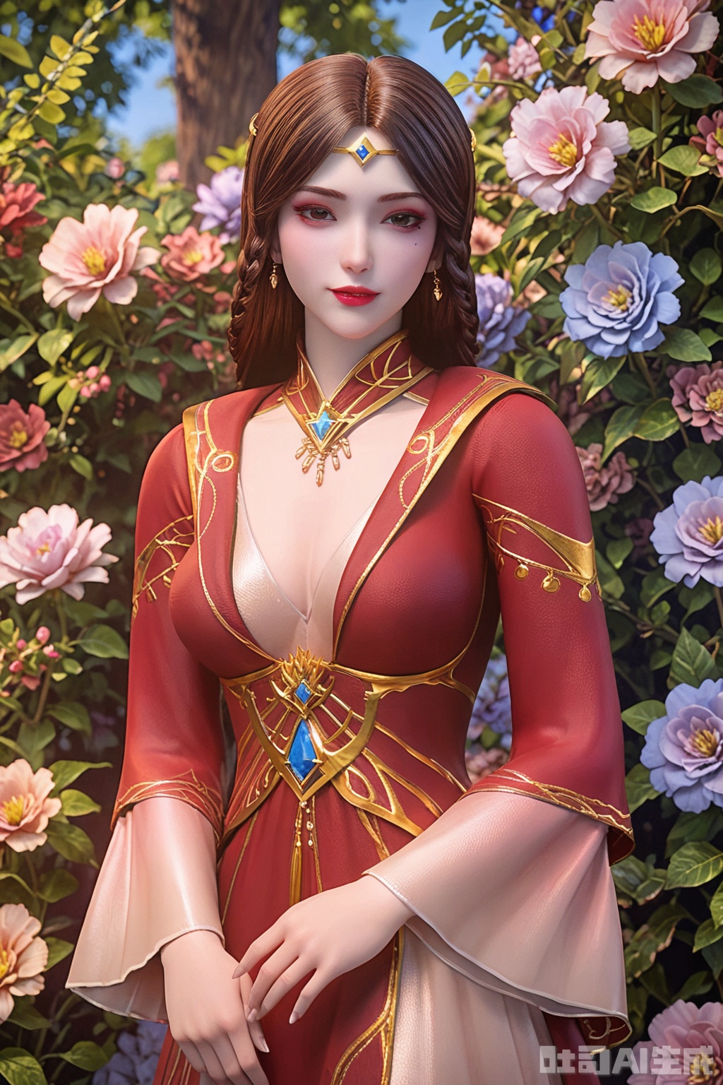 score_9_up,score_8_up,LiSha,1girl, solo, long hair, breasts, looking at viewer, brown hair, hair ornament, dress, cleavage, jewelry, cowboy shot ,.makeup, red dress,flowers background,