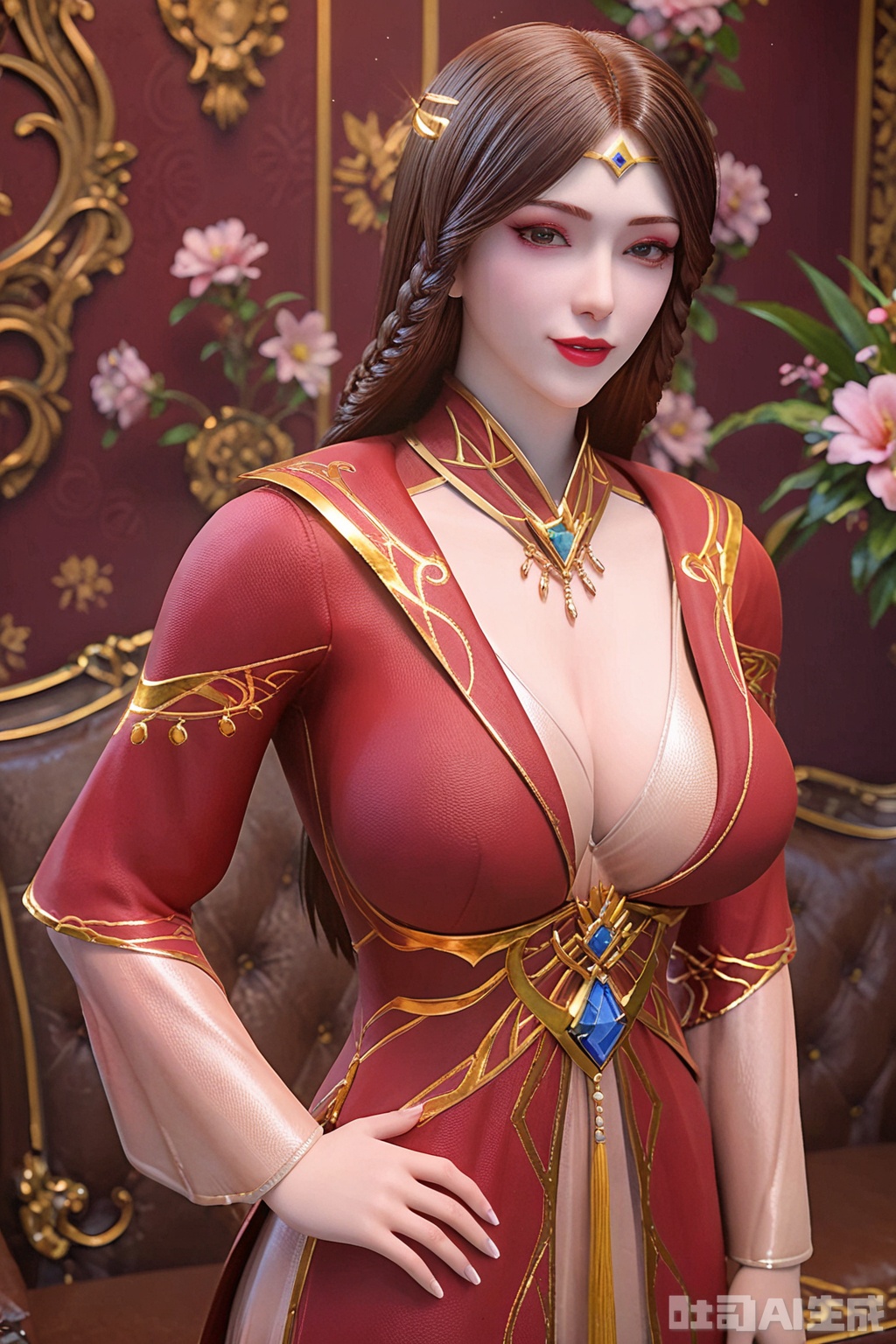 score_9_up,score_8_up,LiSha,1girl, solo, long hair, huge breasts, looking at viewer, brown hair, hair ornament, dress, cleavage, jewelry, cowboy shot ,hand on hip,makeup, red dress,flowers background,