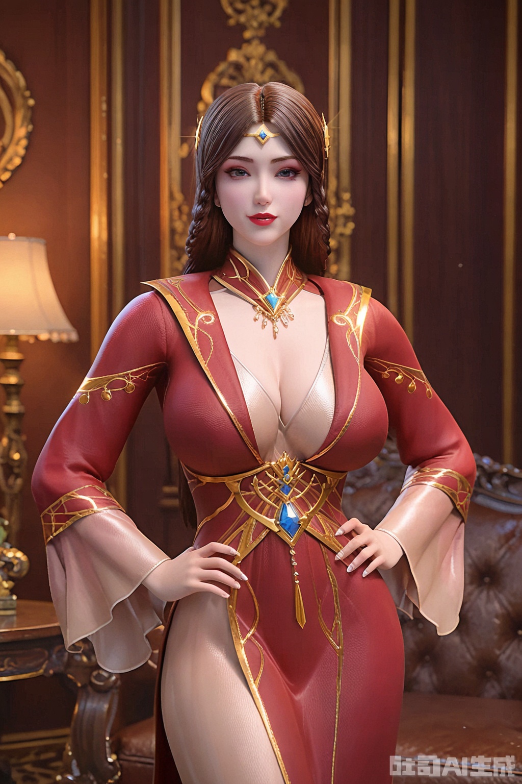 score_9_up,score_8_up,LiSha,1girl, solo, long hair, huge breasts,cleavage, looking at viewer, brown hair, hair ornament, dressSupporting the table with hands,learning forward, jewelry ,hand on hip,makeup, red dress,living room,modern style