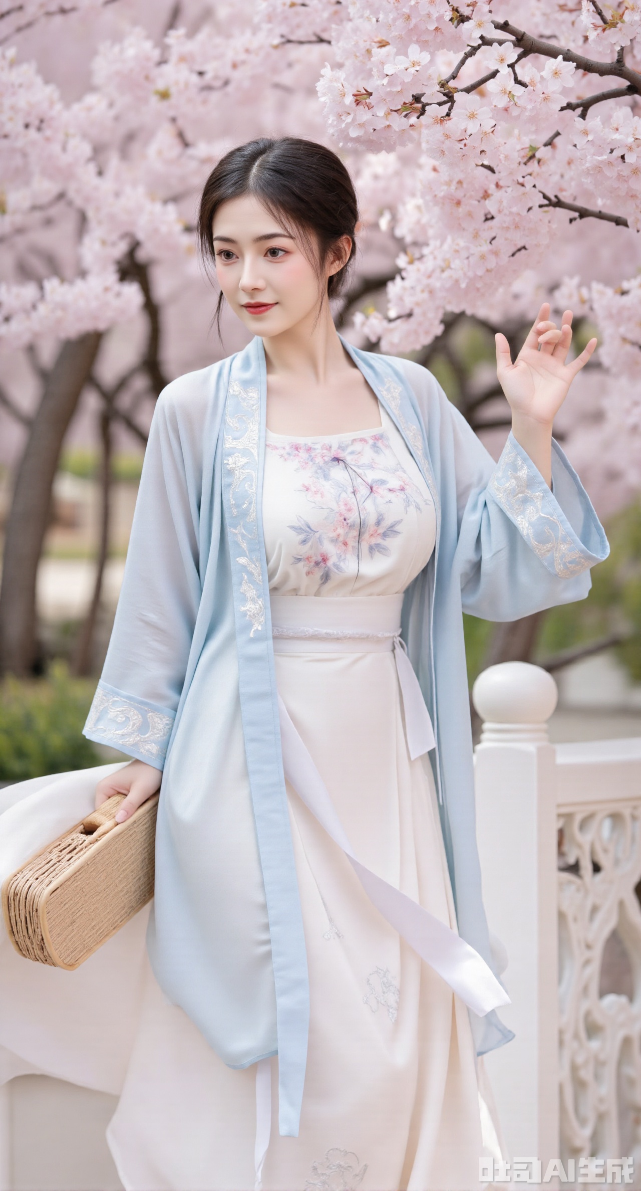 (masterpiece:1.2),best quality,A beautiful girl in Song - style Hanfu, wearing a light - blue collared shirt and a white hundred - pleated skirt, strolls in the peach forest in spring. The collared shirt is embroidered with light - pink peach blossom petals, and the peach blossom embroidery on the hundred - pleated skirt is more complex. She holds a bamboo basket and is picking the fallen peach blossoms, with joy on her face. All around, peach blossoms are in full bloom, and falling petals are like a dreamy scene, ,(huge breasts:2.99), (full breasts:2.99),XyunxiaoYK,Xbigbreasts,Xrixirenxiangsheying,Xmengru,XfuqingyunY,Xfenhanfududou,Xhanfusiwa,Xsonghanfu,XshixiaoY