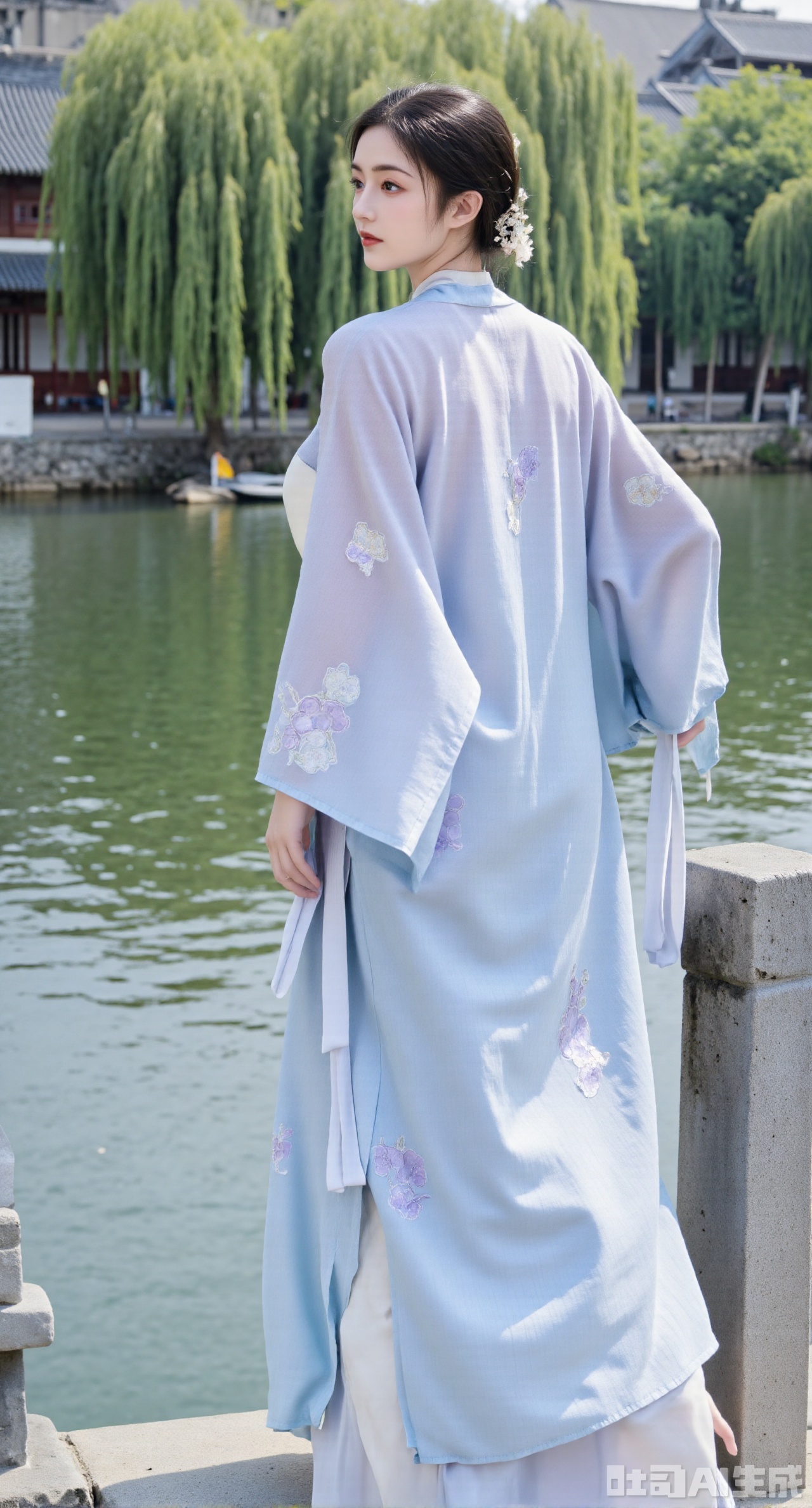 (masterpiece:1.2),best quality,A beautiful girl in Song - style Hanfu, wearing a light - blue beizi paired with a moon - white hundred - pleated skirt, stands on a stone bridge in the water town of the south of the Yangtze River. The beizi is embroidered with delicate light - purple irises, gently swaying in the wind, slightly turns sideways, and looks into the distance at the wupeng boat. Under the bridge, the green water flows leisurely, and on both sides are white - walled and black - roofed houses with weeping willows, creating a gentle and graceful artistic conception of the water town in the south of the Yangtze River, (huge breasts:2.99), (full breasts:2.99),XyunxiaoYK,Xbigbreasts,Xrixirenxiangsheying,Xmengru,XfuqingyunY,Xfenhanfududou,Xhanfusiwa,Xsonghanfu,XshixiaoY