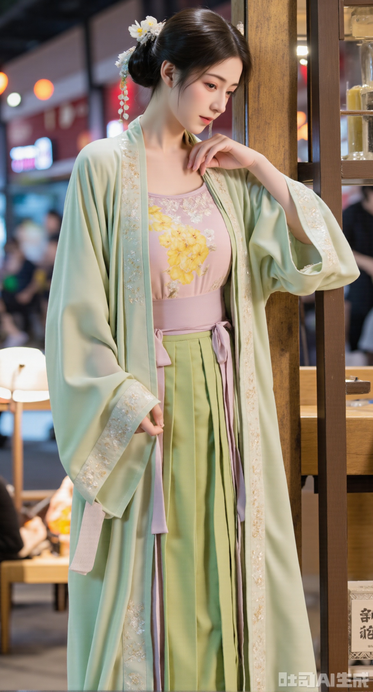 (masterpiece:1.2),best quality,(UE5.5,rendered with Unreal Engine 5,Unreal Engine 5,CG rendering:1.1), A beautiful girl in Song - style Hanfu wears a light green front - opening long gown, with a light - pink Song - style bustier inside and a green pleated skirt. The cuffs of the long gown are embroidered with tender - yellow winter jasmine flowers, and the pleats of the pleated skirt are delicate. She is in the bustling Bianjing night market, curiously looking at the dazzling array of stalls around. The night market is ablaze with lights, and the crowd is bustling, full of the lively atmosphere of the marketplace, ,(huge breasts:2.99), (full breasts:2.99),XyunxiaoYK,Xbigbreasts,Xrixirenxiangsheying,Xmengru,XfuqingyunY,Xfenhanfududou,Xhanfusiwa,Xsonghanfu,XshixiaoY