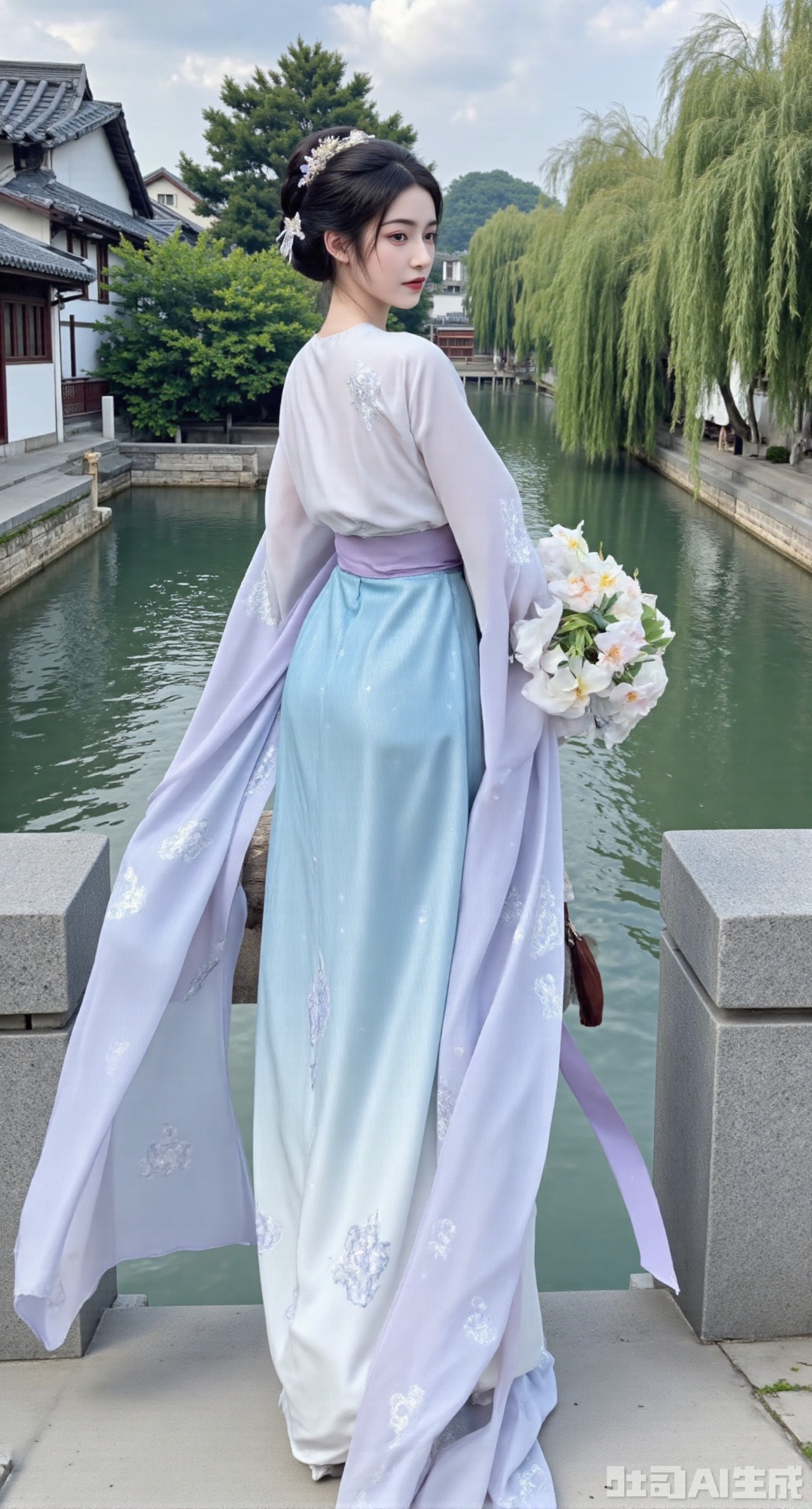 (masterpiece:1.2),best quality,A beautiful girl in Song - style Hanfu, wearing a light - blue beizi paired with a moon - white hundred - pleated skirt, stands on a stone bridge in the water town of the south of the Yangtze River. The beizi is embroidered with delicate light - purple irises, gently swaying in the wind, slightly turns sideways, and looks into the distance at the wupeng boat. Under the bridge, the green water flows leisurely, and on both sides are white - walled and black - roofed houses with weeping willows, creating a gentle and graceful artistic conception of the water town in the south of the Yangtze River, (huge breasts:2.99), (full breasts:2.99),XyunxiaoYK,Xbigbreasts,Xrixirenxiangsheying,Xmengru,XfuqingyunY,Xfenhanfududou,Xhanfusiwa,Xsonghanfu,XshixiaoY