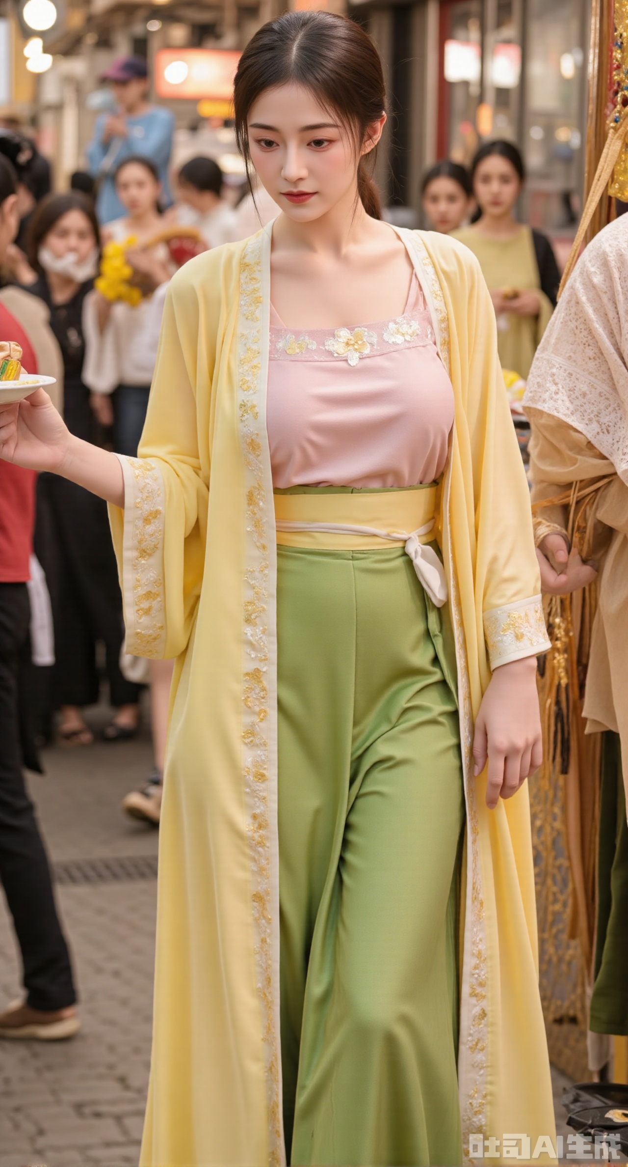 (masterpiece:1.2),best quality,(UE5.5,rendered with Unreal Engine 5,Unreal Engine 5,CG rendering:1.1), A beautiful girl in Song - style Hanfu wears a goose - yellow front - opening long gown, with a light - pink Song - style bustier inside and a green pleated skirt. The cuffs of the long gown are embroidered with tender - yellow winter jasmine flowers, and the pleats of the pleated skirt are delicate. She is in the bustling Bianjing night market, curiously looking at the dazzling array of stalls around. The night market is ablaze with lights, and the crowd is bustling, full of the lively atmosphere of the marketplace, ,(huge breasts:2.99), (full breasts:2.99),XyunxiaoYK,Xbigbreasts,Xrixirenxiangsheying,Xmengru,XfuqingyunY,Xfenhanfududou,Xhanfusiwa,Xsonghanfu,XshixiaoY