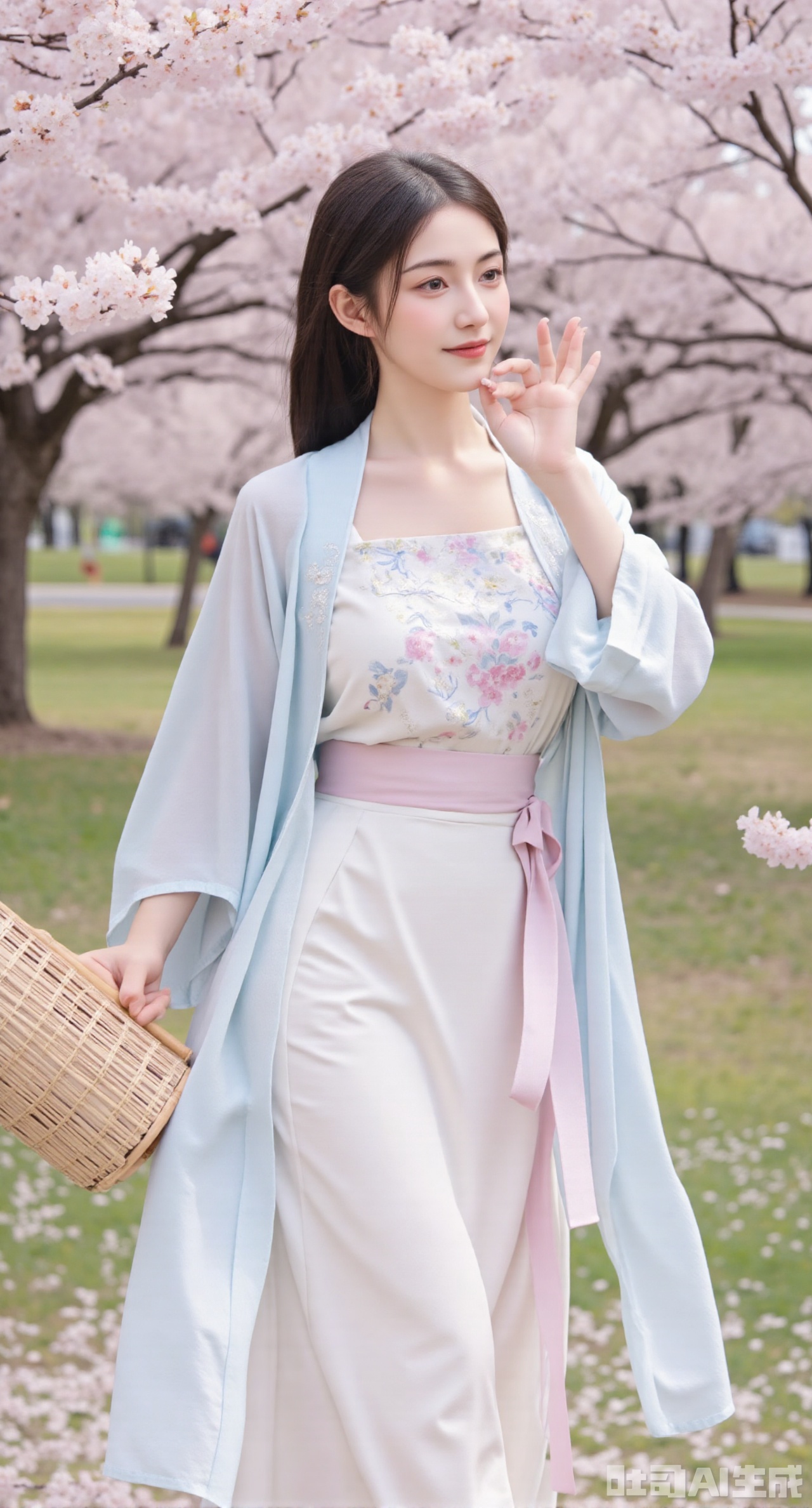 (masterpiece:1.2),best quality,A beautiful girl in Song - style Hanfu, wearing a light - blue collared shirt and a white hundred - pleated skirt, strolls in the peach forest in spring. The collared shirt is embroidered with light - pink peach blossom petals, and the peach blossom embroidery on the hundred - pleated skirt is more complex. She holds a bamboo basket and is picking the fallen peach blossoms, with joy on her face. All around, peach blossoms are in full bloom, and falling petals are like a dreamy scene, ,(huge breasts:2.99), (full breasts:2.99),XyunxiaoYK,Xbigbreasts,Xrixirenxiangsheying,Xmengru,XfuqingyunY,Xfenhanfududou,Xhanfusiwa,Xsonghanfu,XshixiaoY